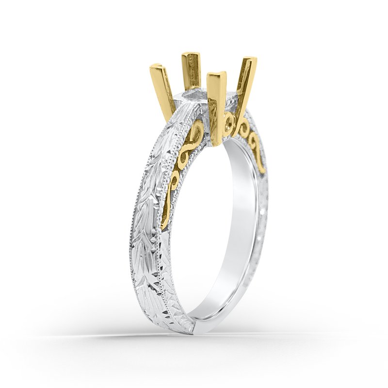 14k White & Yellow Gold Engraved Princess Solitaire Engagement Ring