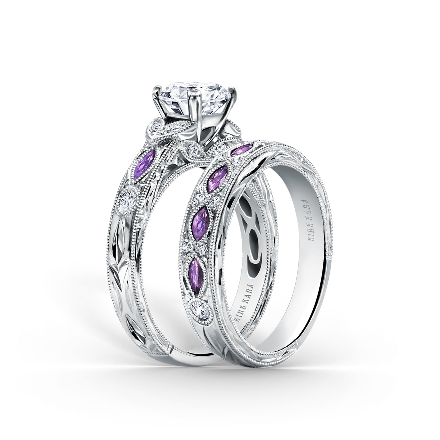 Engraved Amethyst Floral Diamond Wedding Band
