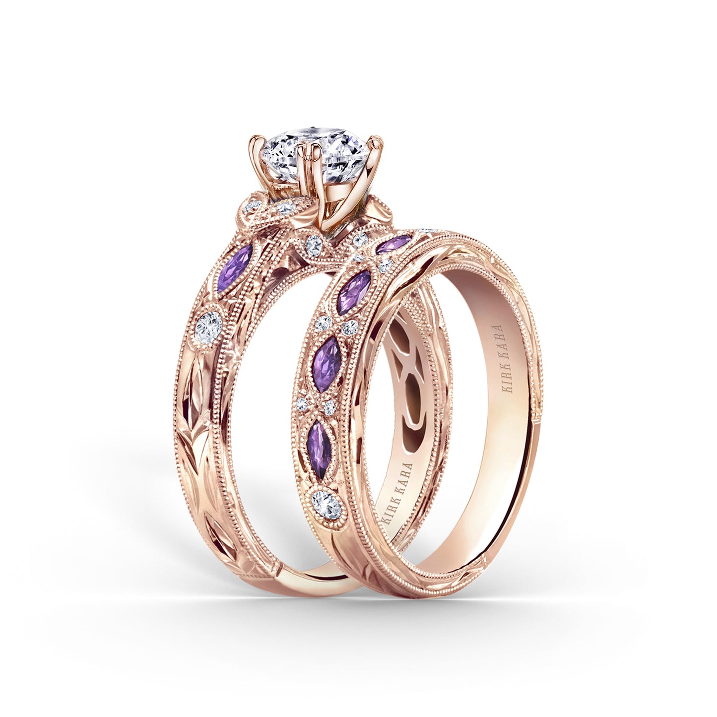Engraved Amethyst Floral Diamond Wedding Band