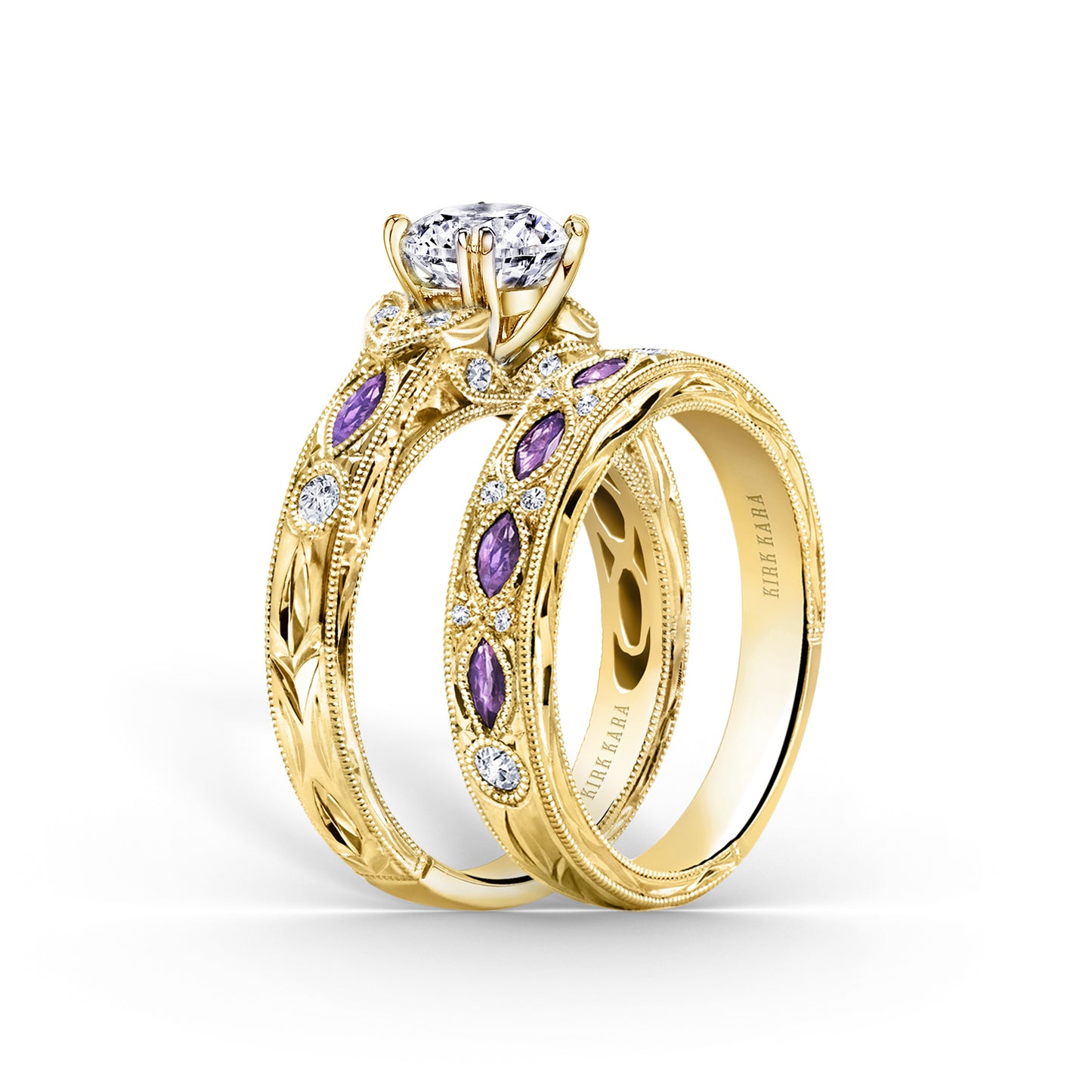 Engraved Amethyst Floral Diamond Wedding Band