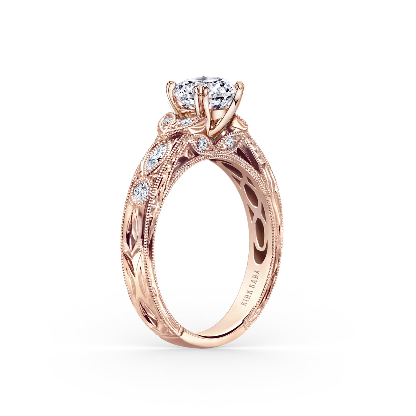 Floral Engraved Marquise Diamond Engagement Ring