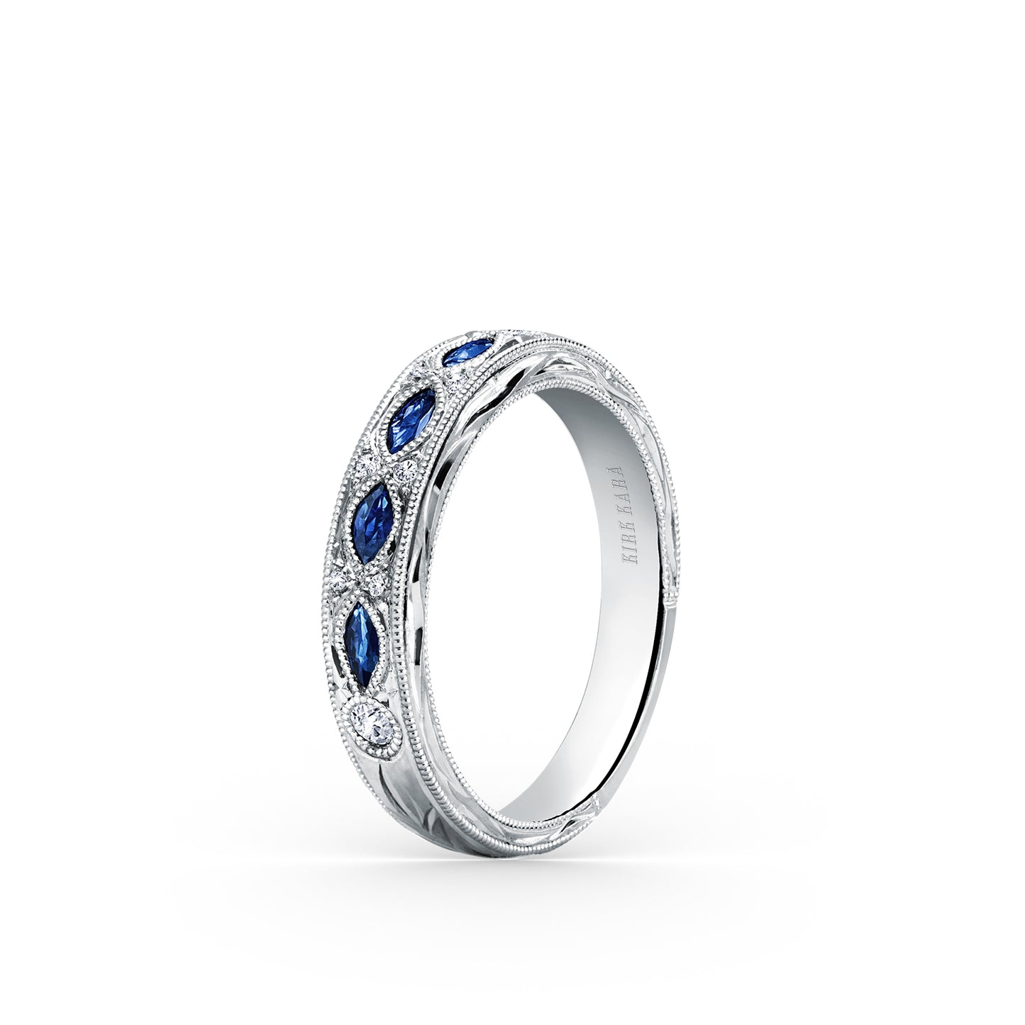 Engraved Blue Sapphire Floral Diamond Wedding Band