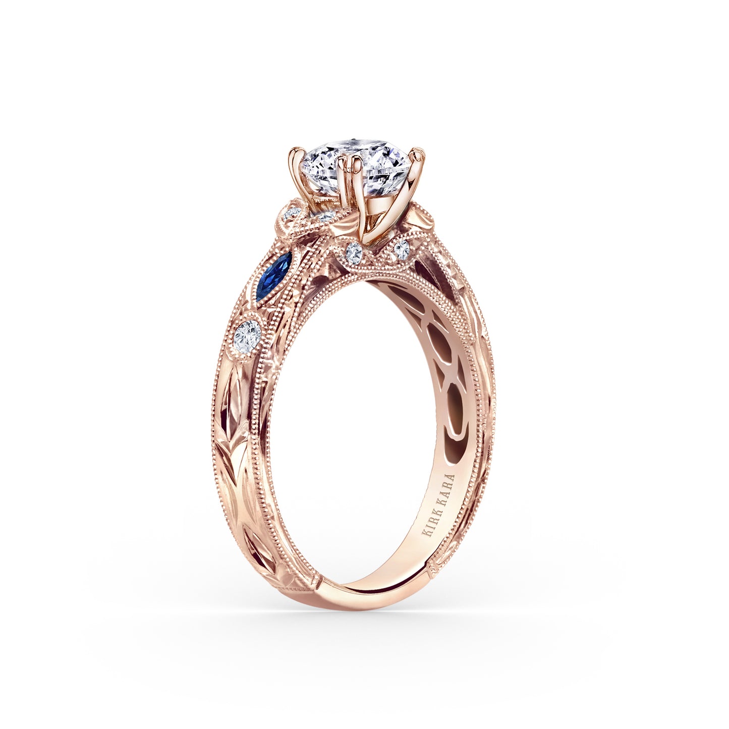 Blue Sapphire Floral Diamond Engraved Engagement Ring
