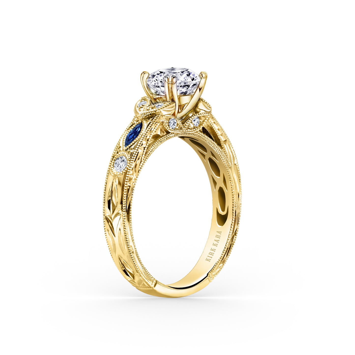 Blue Sapphire Floral Diamond Engraved Engagement Ring
