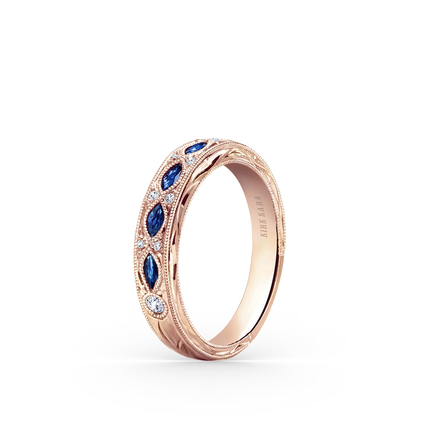 Engraved Blue Sapphire Floral Diamond Wedding Band