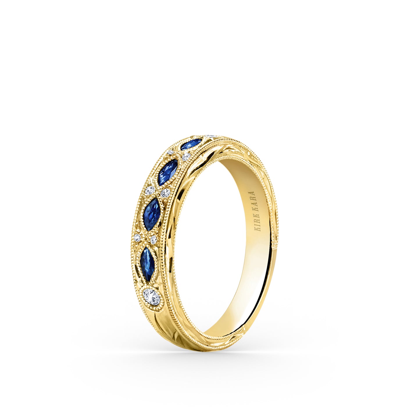 Engraved Blue Sapphire Floral Diamond Wedding Band