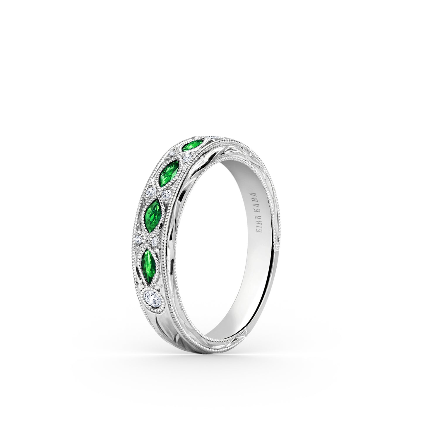 Engraved Tsavorite Floral Diamond Wedding Band