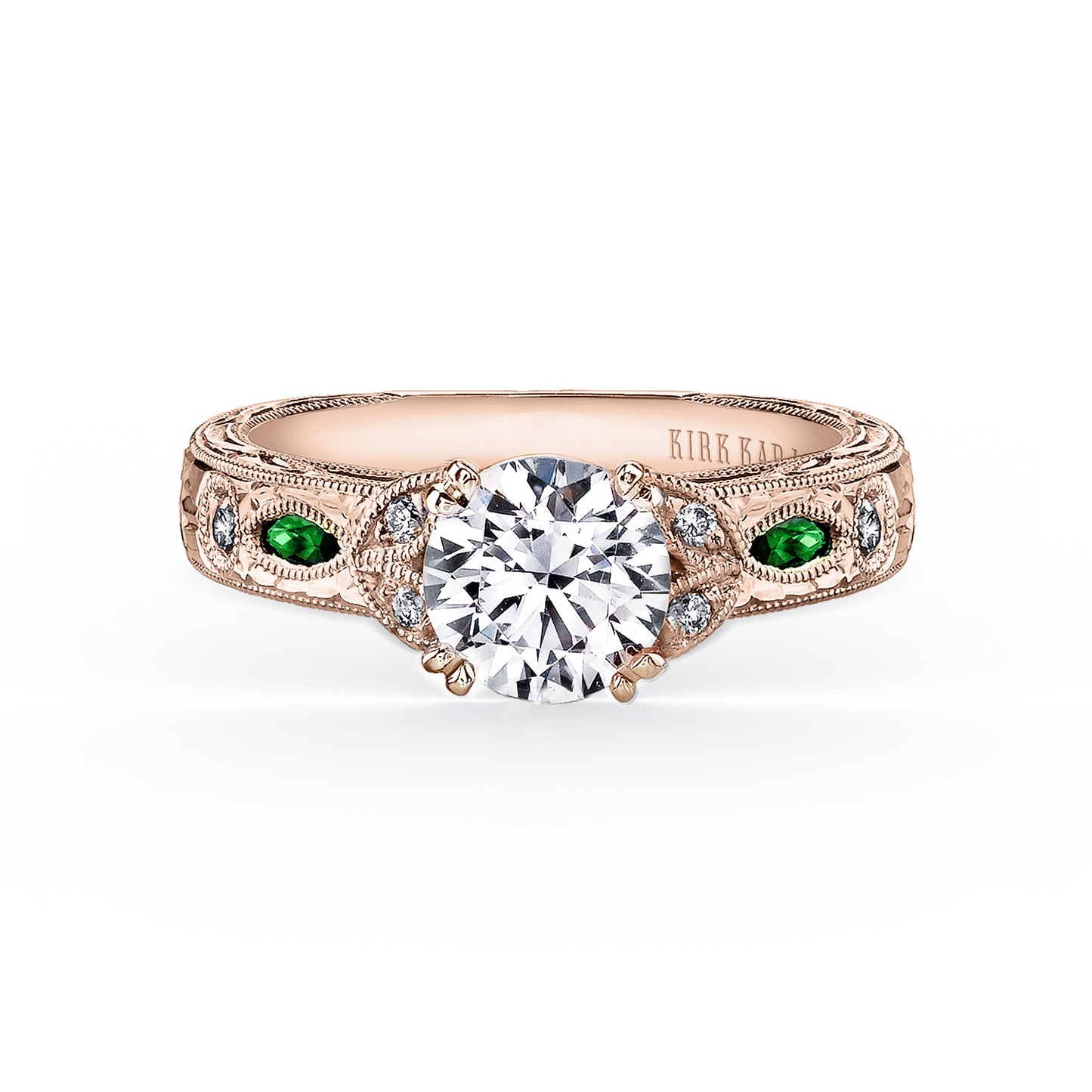 Tsavorite Floral Diamond Engraved Engagement Ring