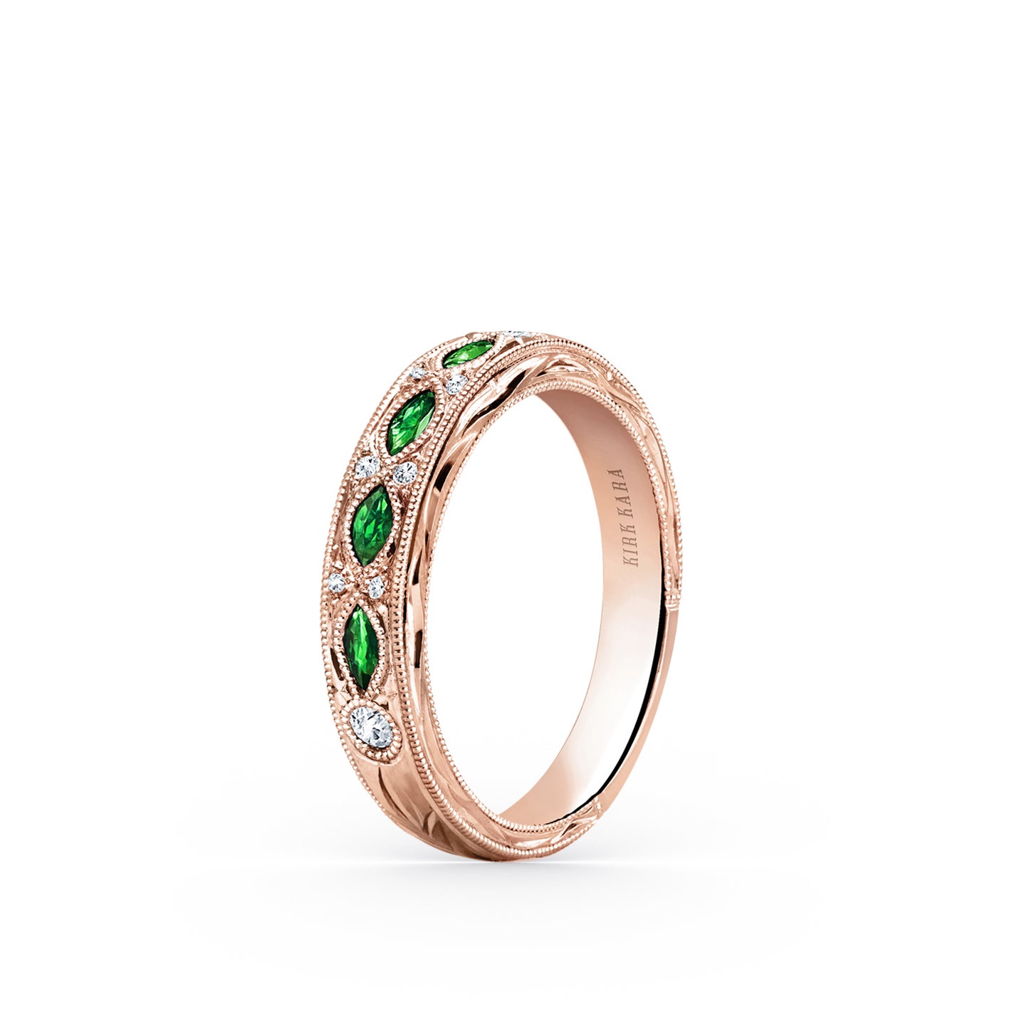 Engraved Tsavorite Floral Diamond Wedding Band