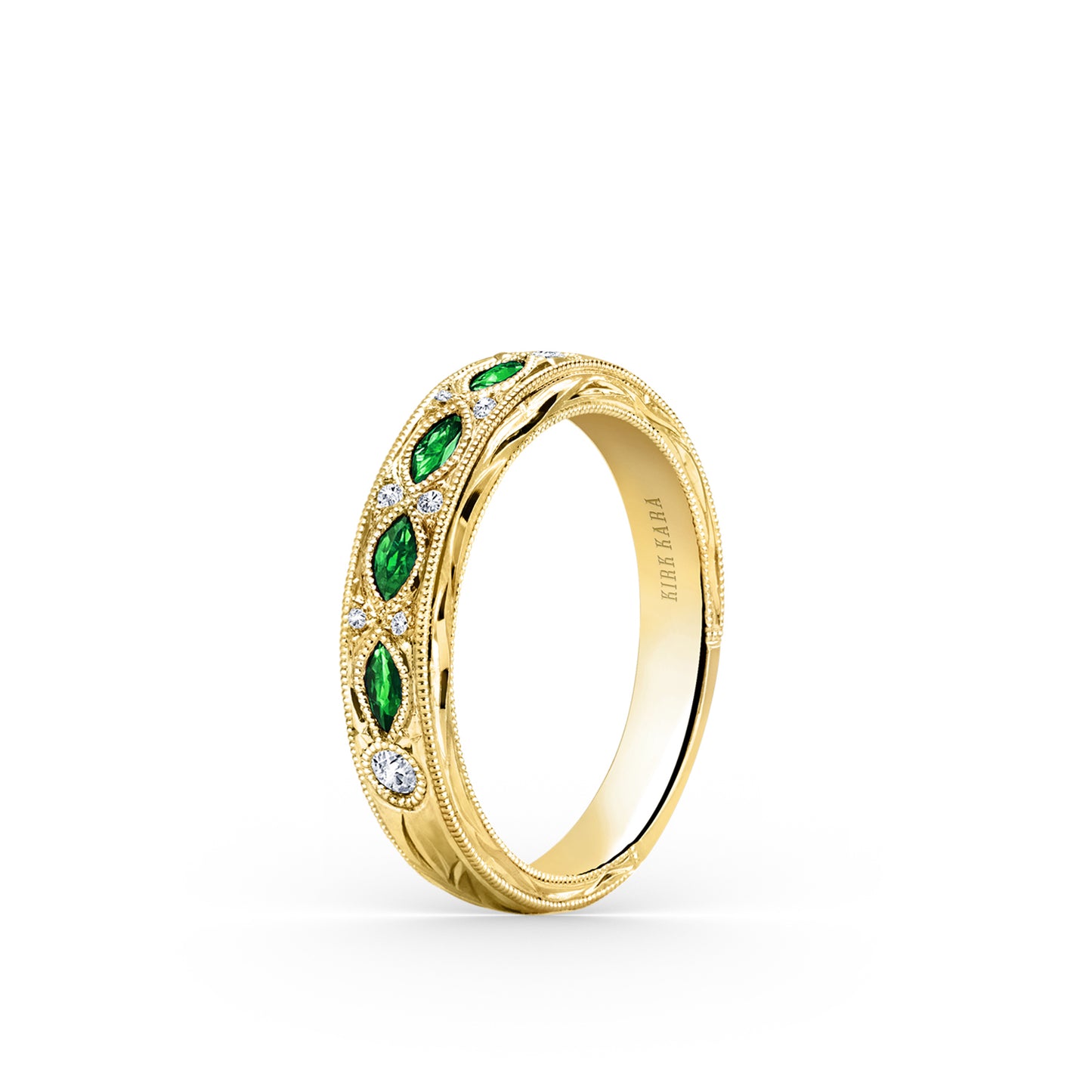 Engraved Tsavorite Floral Diamond Wedding Band
