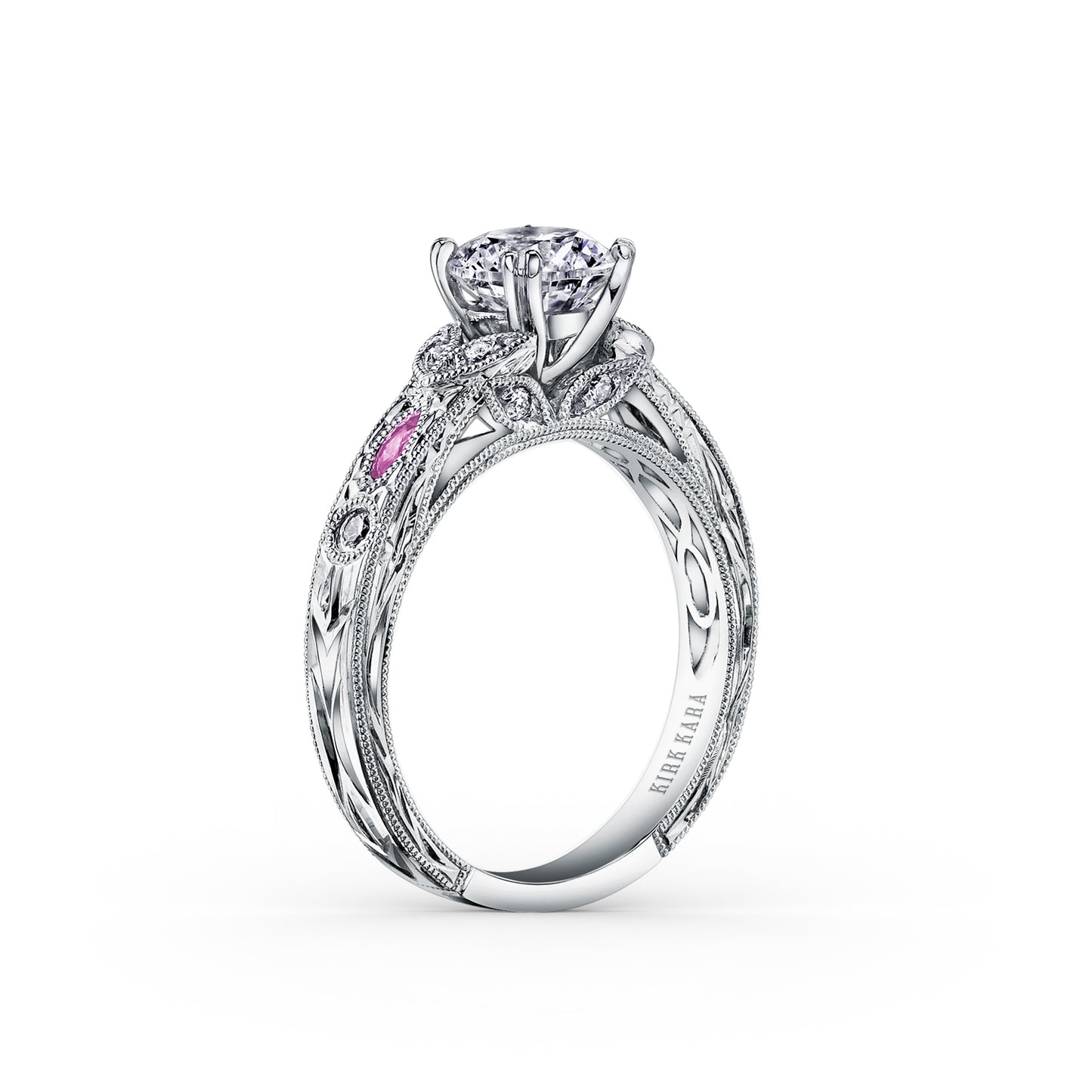 Pink Sapphire Diamond Engraved Engagement Ring