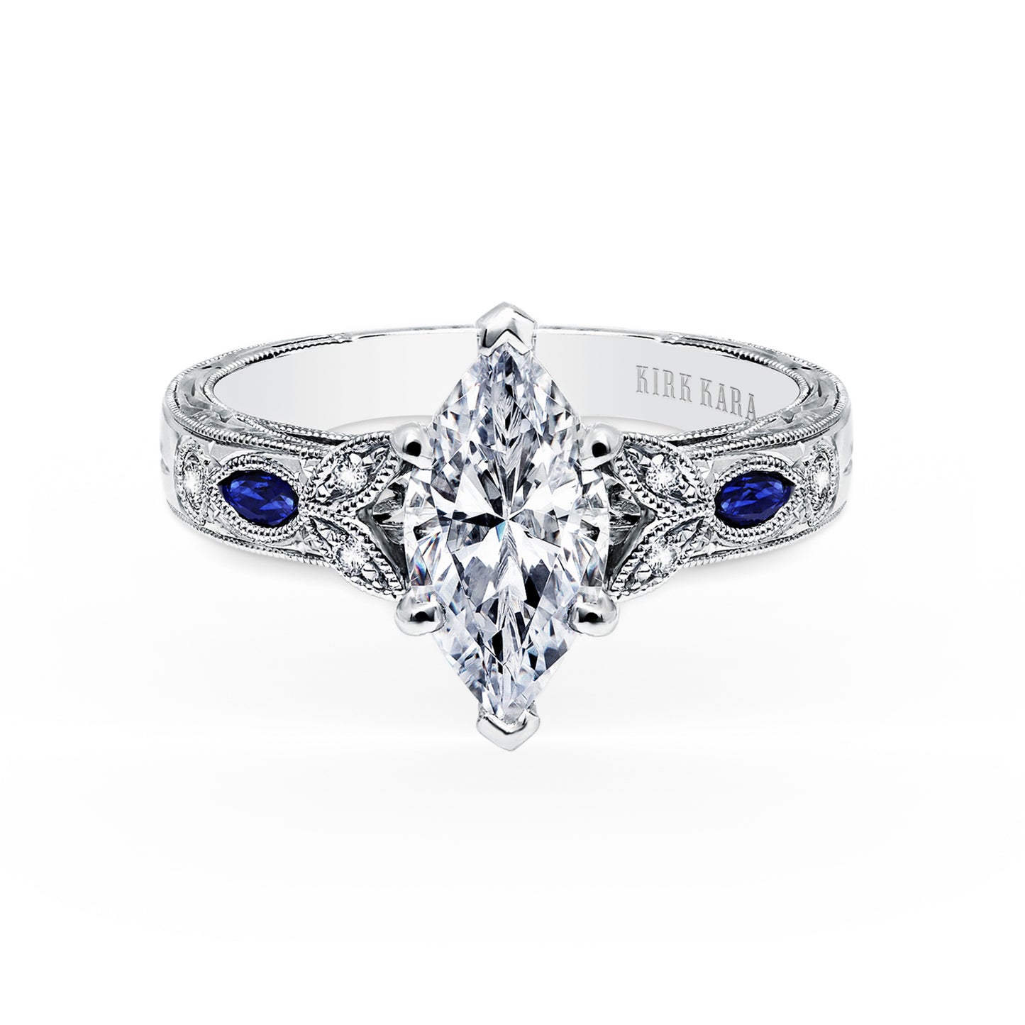 Blue Sapphire Floral Diamond Engraved Engagement Ring