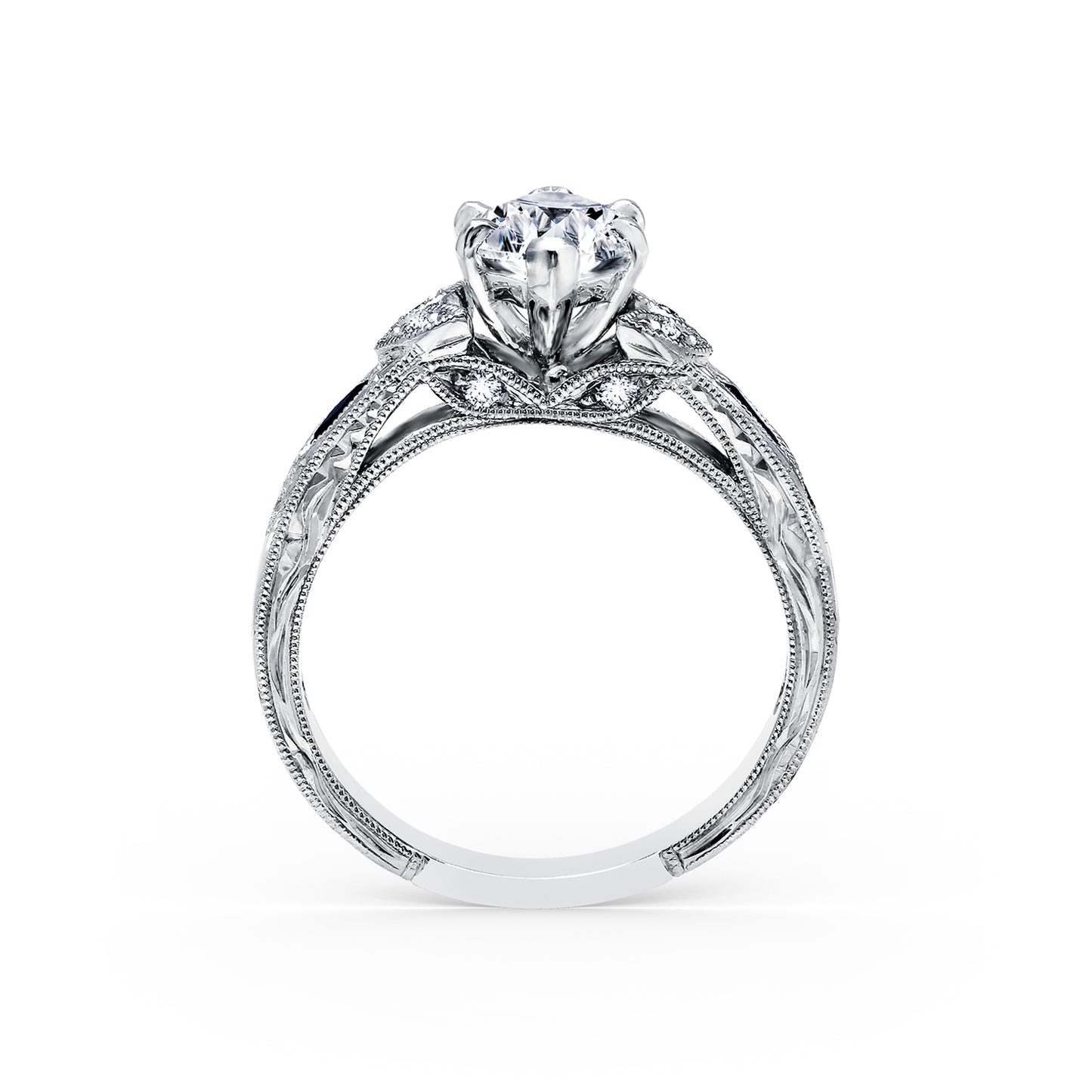 Blue Sapphire Floral Diamond Engraved Engagement Ring