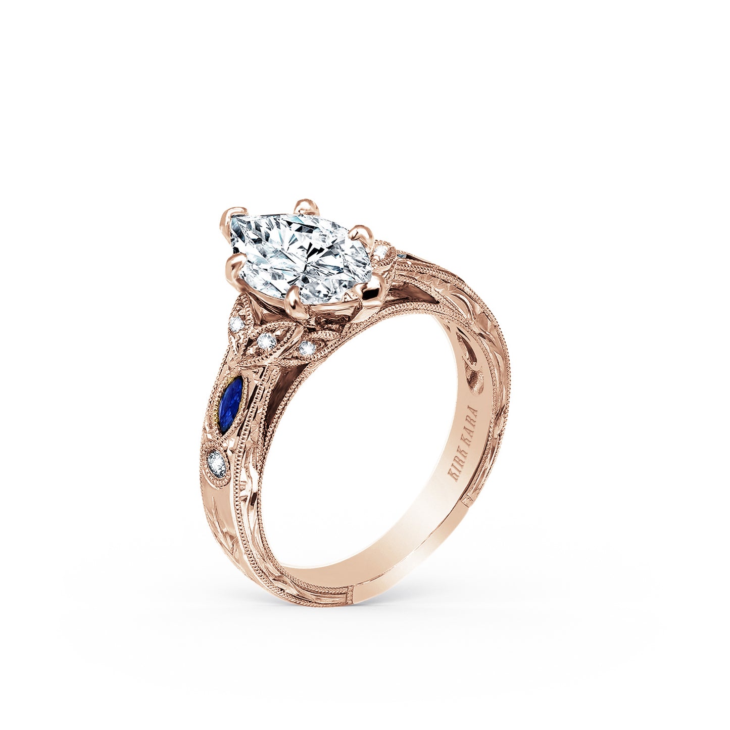 Blue Sapphire Floral Diamond Engraved Engagement Ring