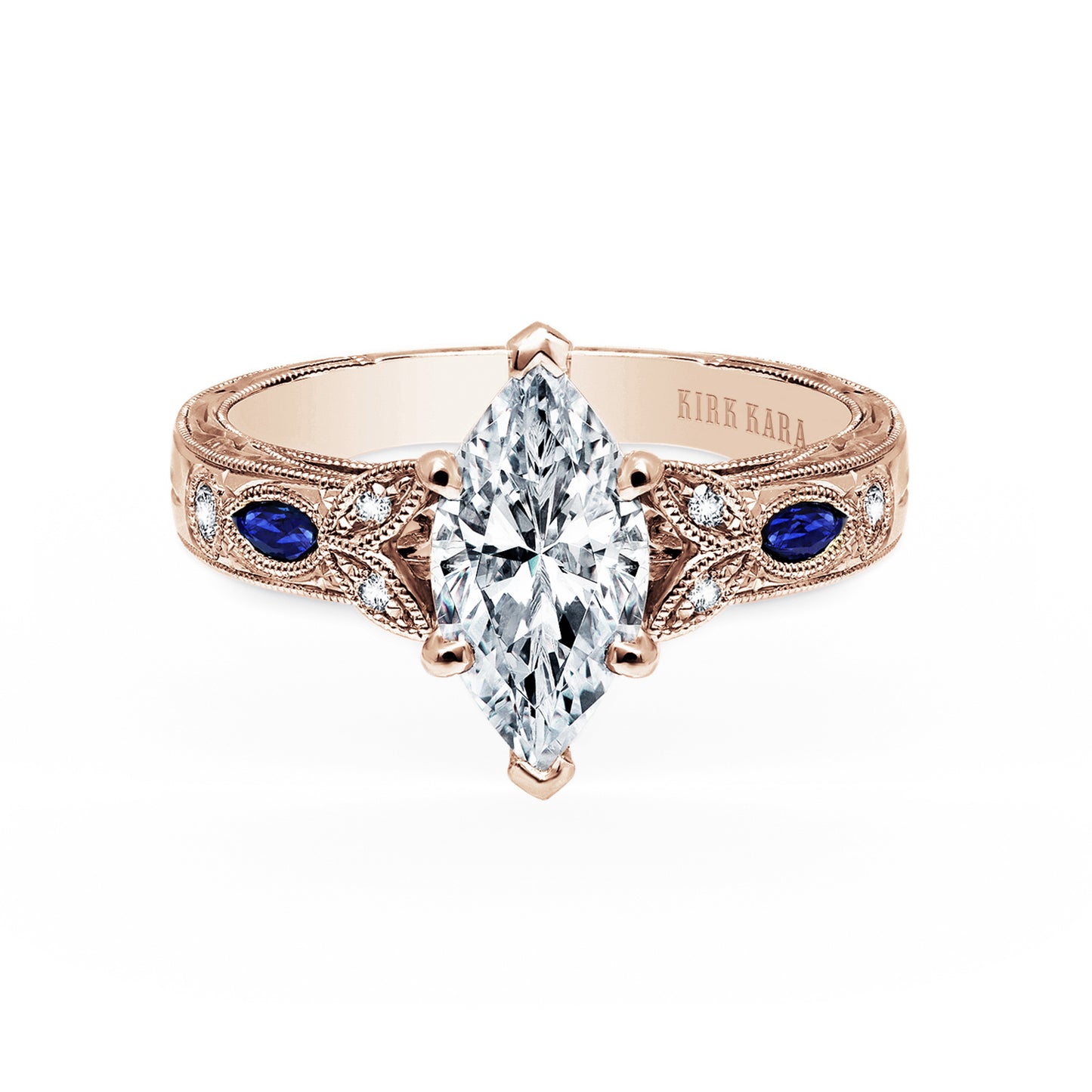 Blue Sapphire Floral Diamond Engraved Engagement Ring
