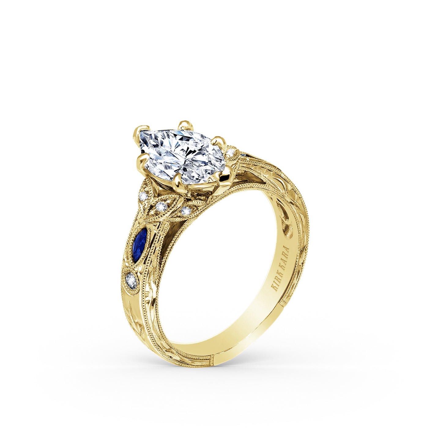 Blue Sapphire Floral Diamond Engraved Engagement Ring