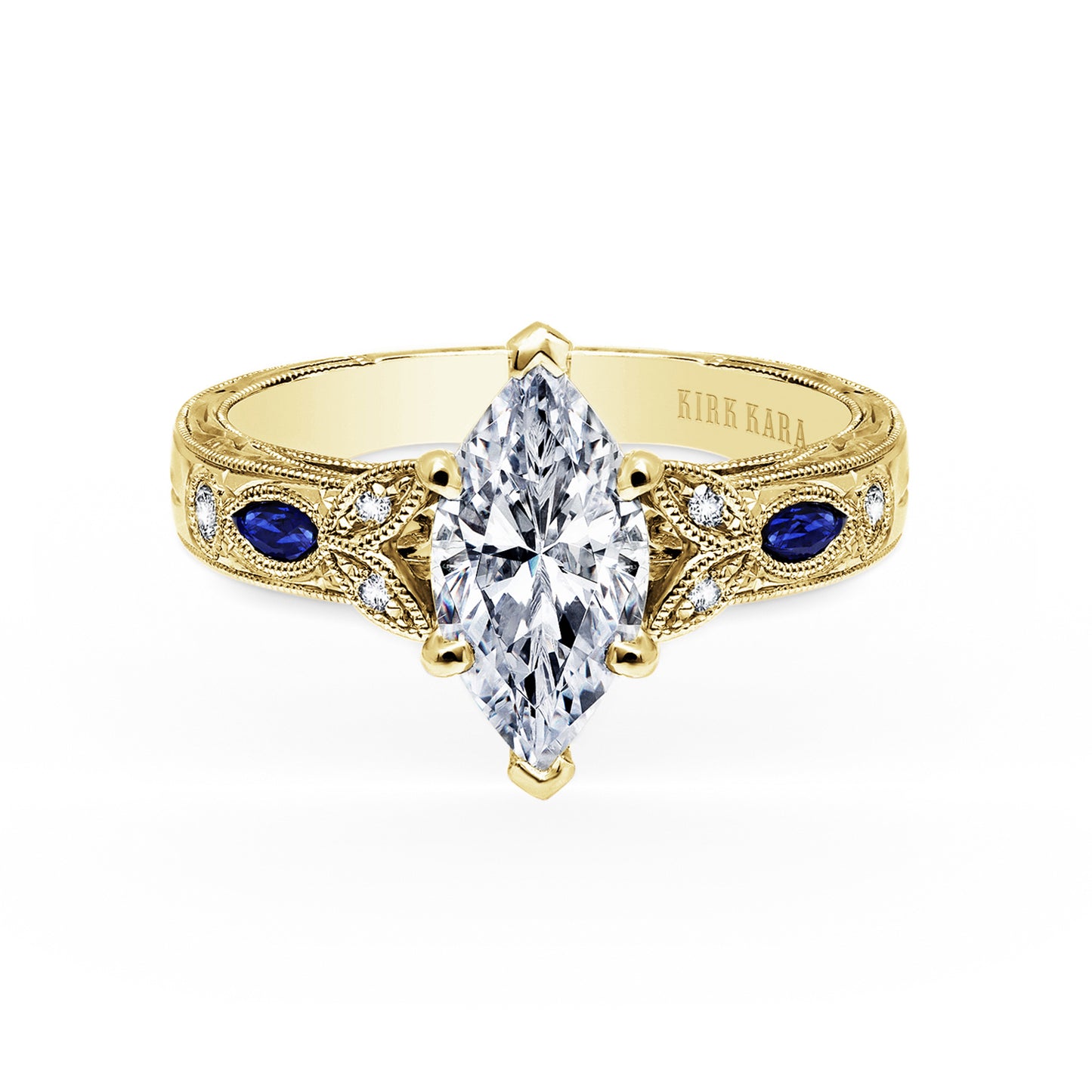 Blue Sapphire Floral Diamond Engraved Engagement Ring
