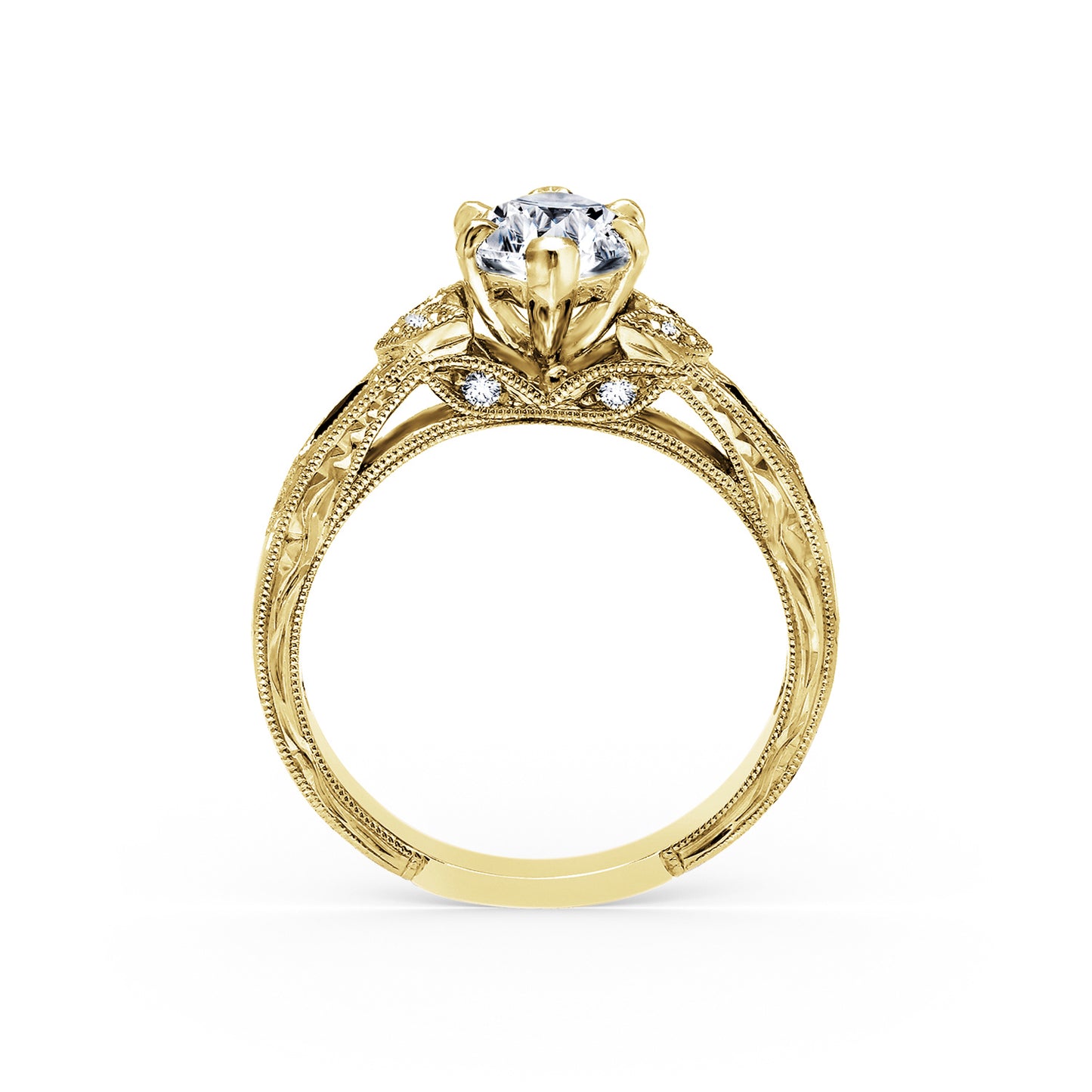 Blue Sapphire Floral Diamond Engraved Engagement Ring