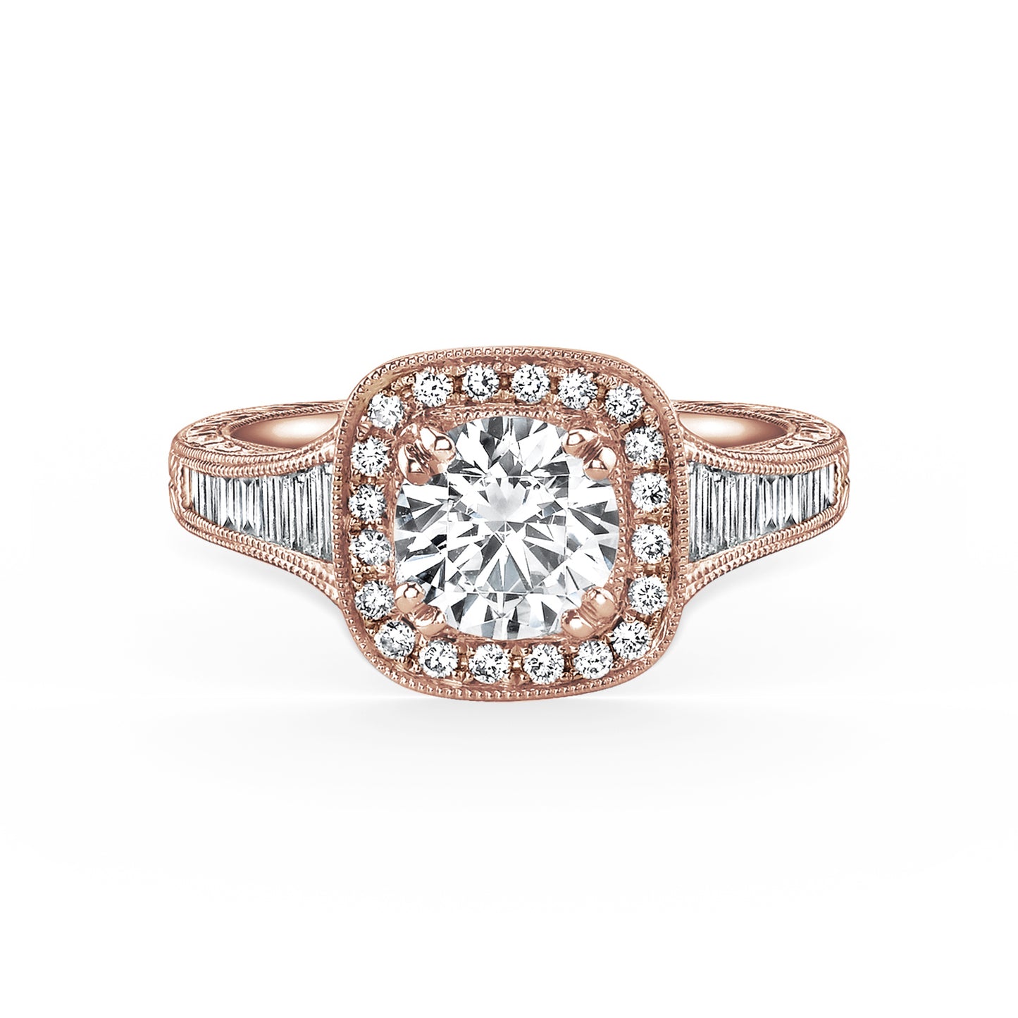 Baguette Halo Diamond Engraved Engagement Ring