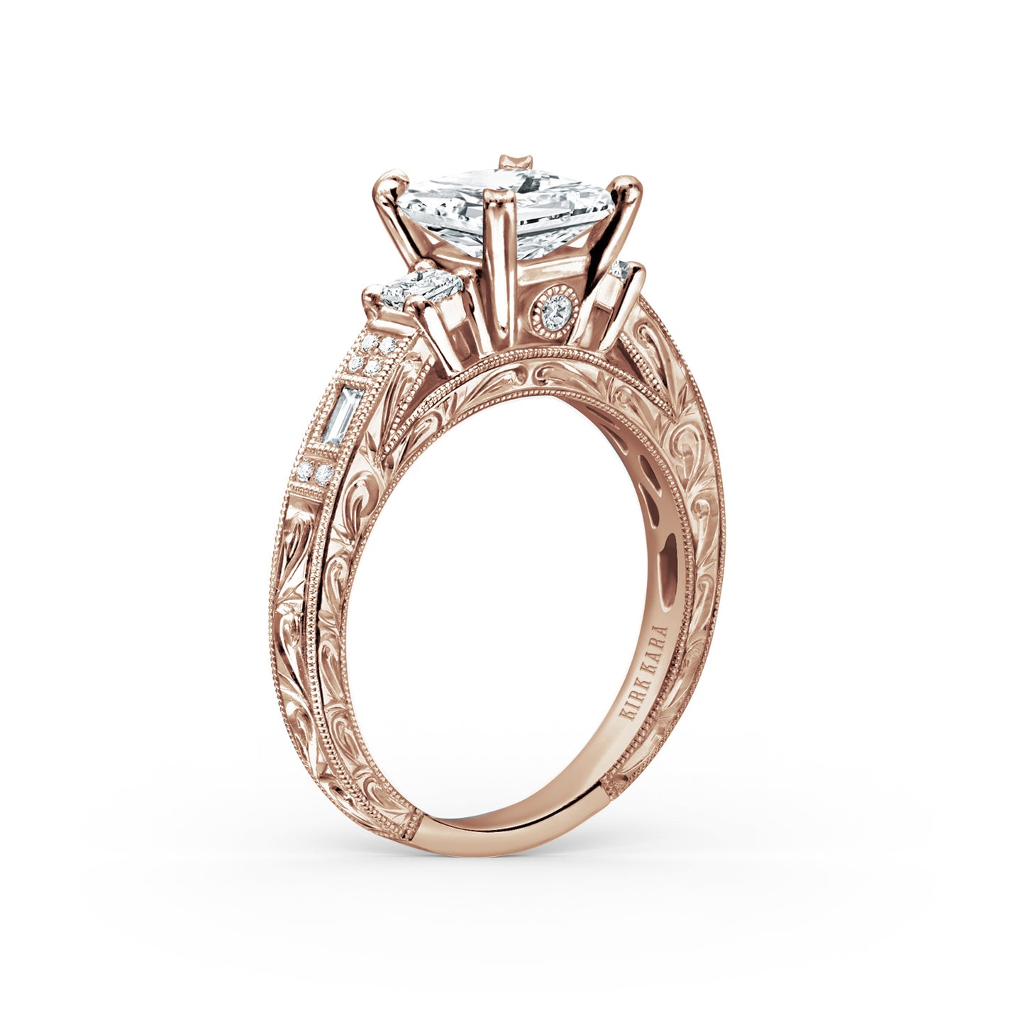 Deco Three Stone Engraved Diamond Engagement Ring