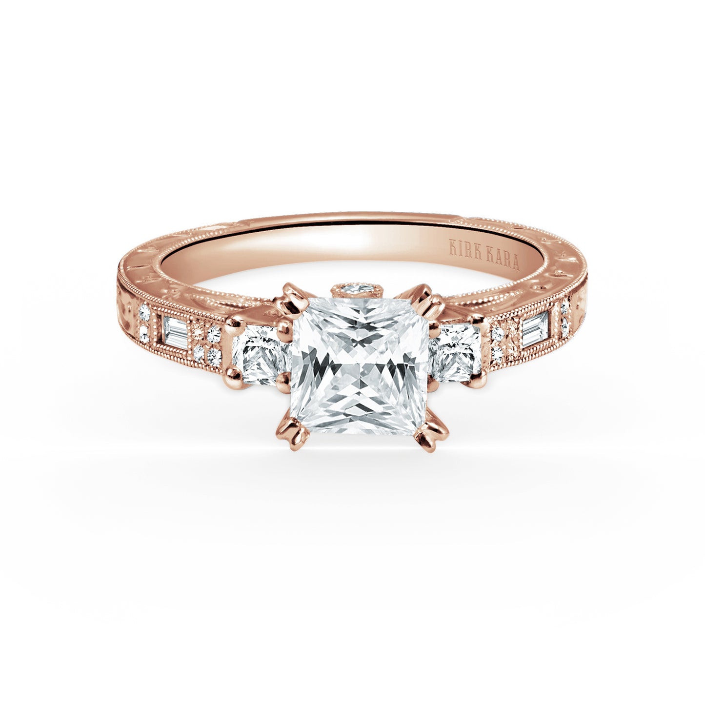 Deco Three Stone Engraved Diamond Engagement Ring
