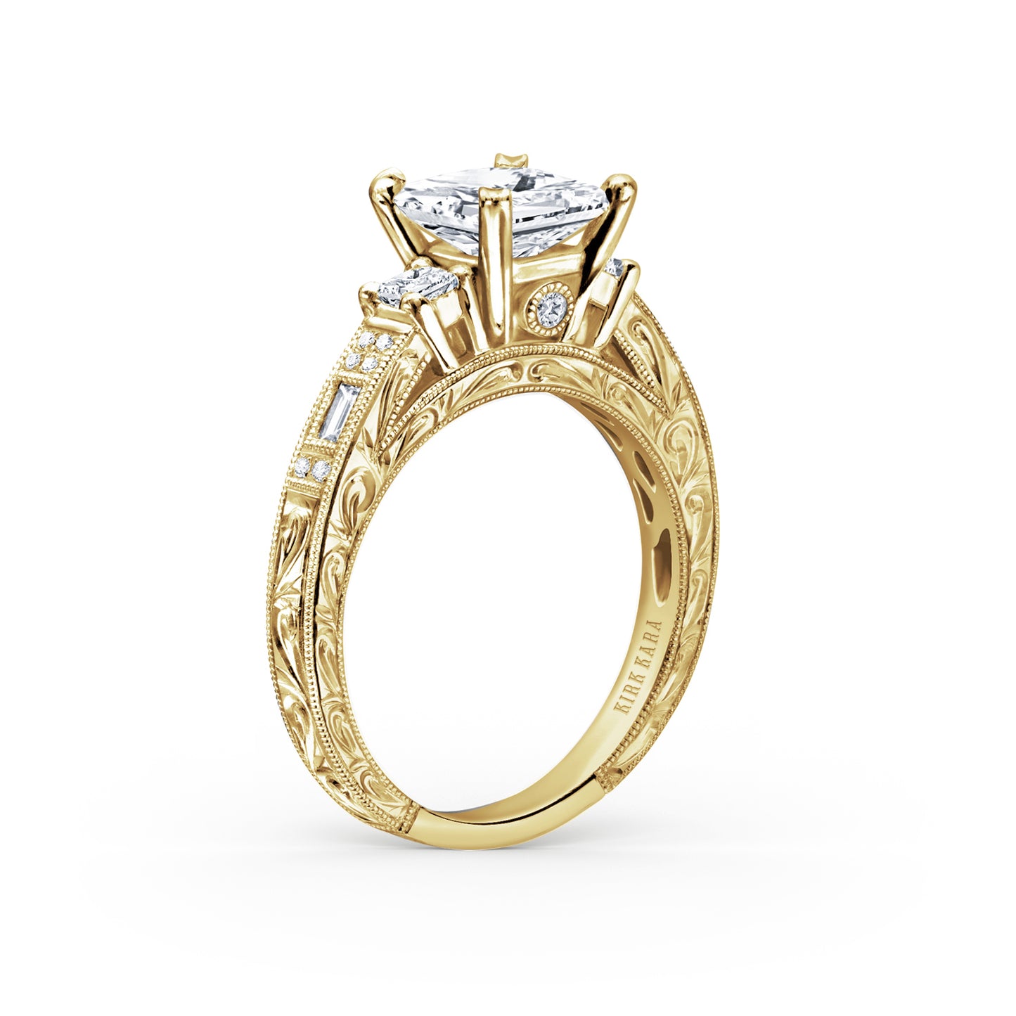 Deco Three Stone Engraved Diamond Engagement Ring