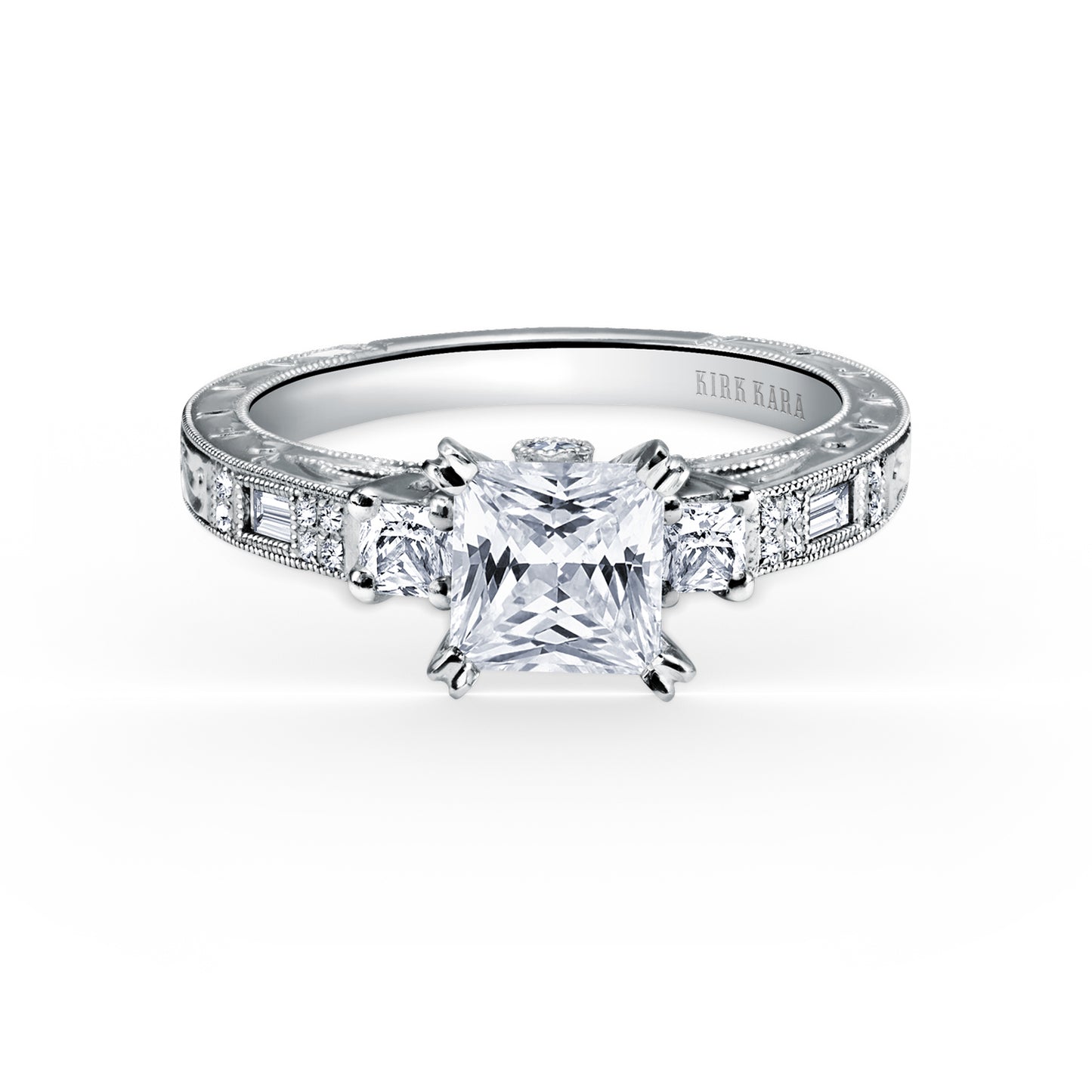 Deco Three Stone Engraved Diamond Engagement Ring