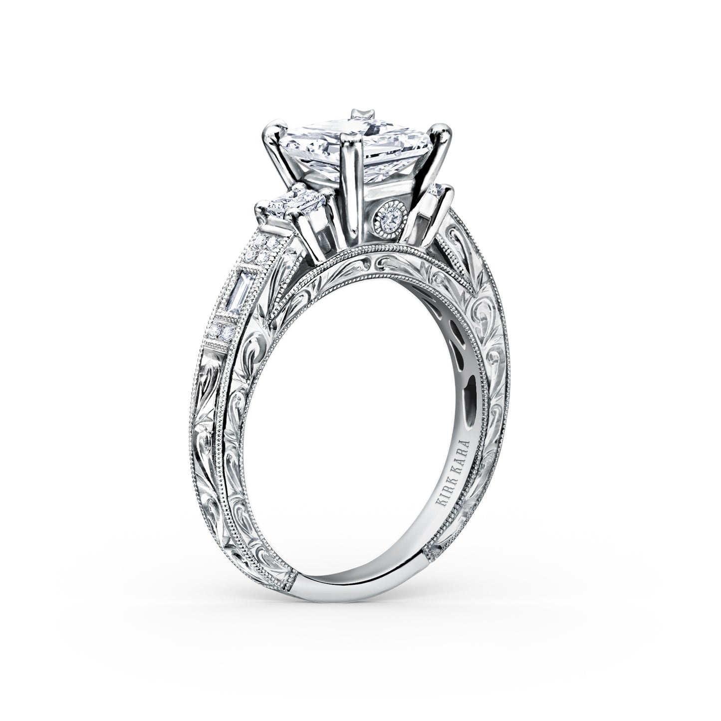 Deco Three Stone Engraved Diamond Engagement Ring