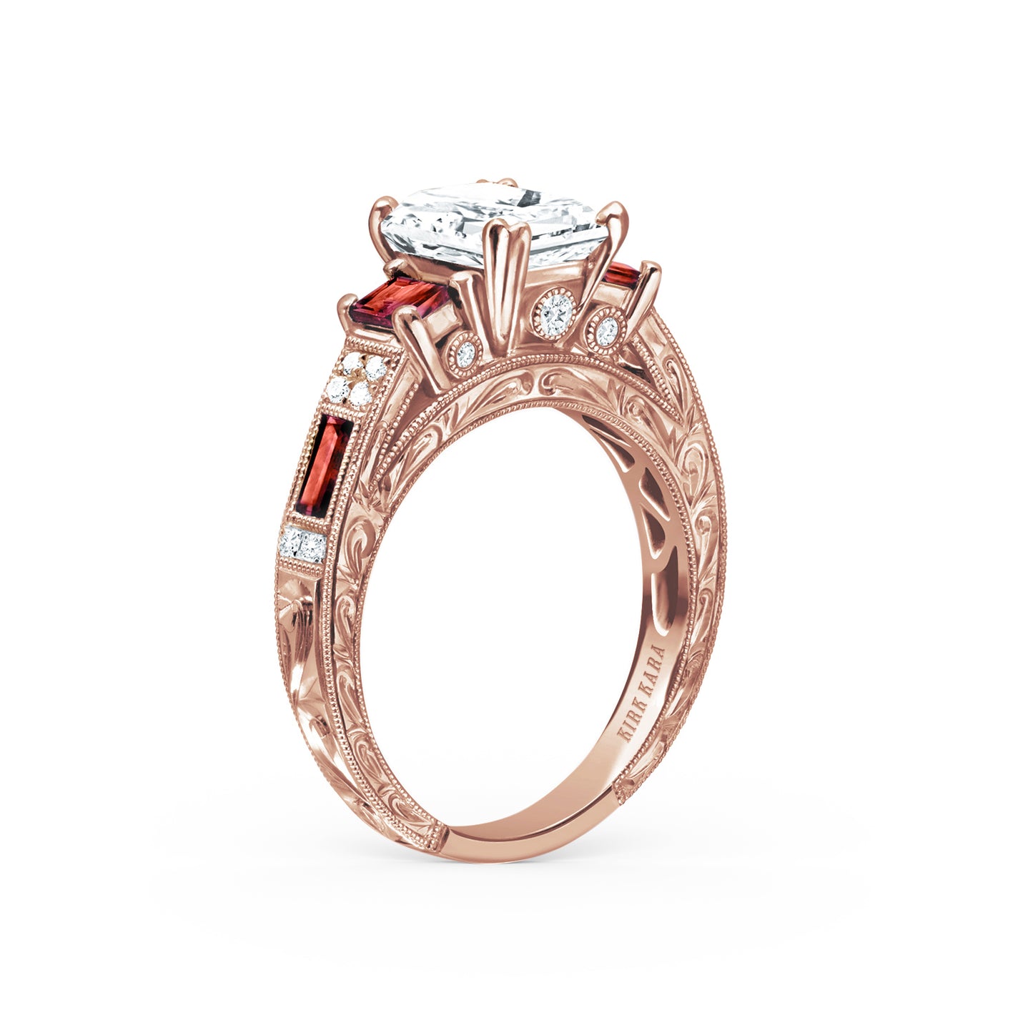 Deco Three Stone Engraved Ruby Baguette Diamond Engagement Ring
