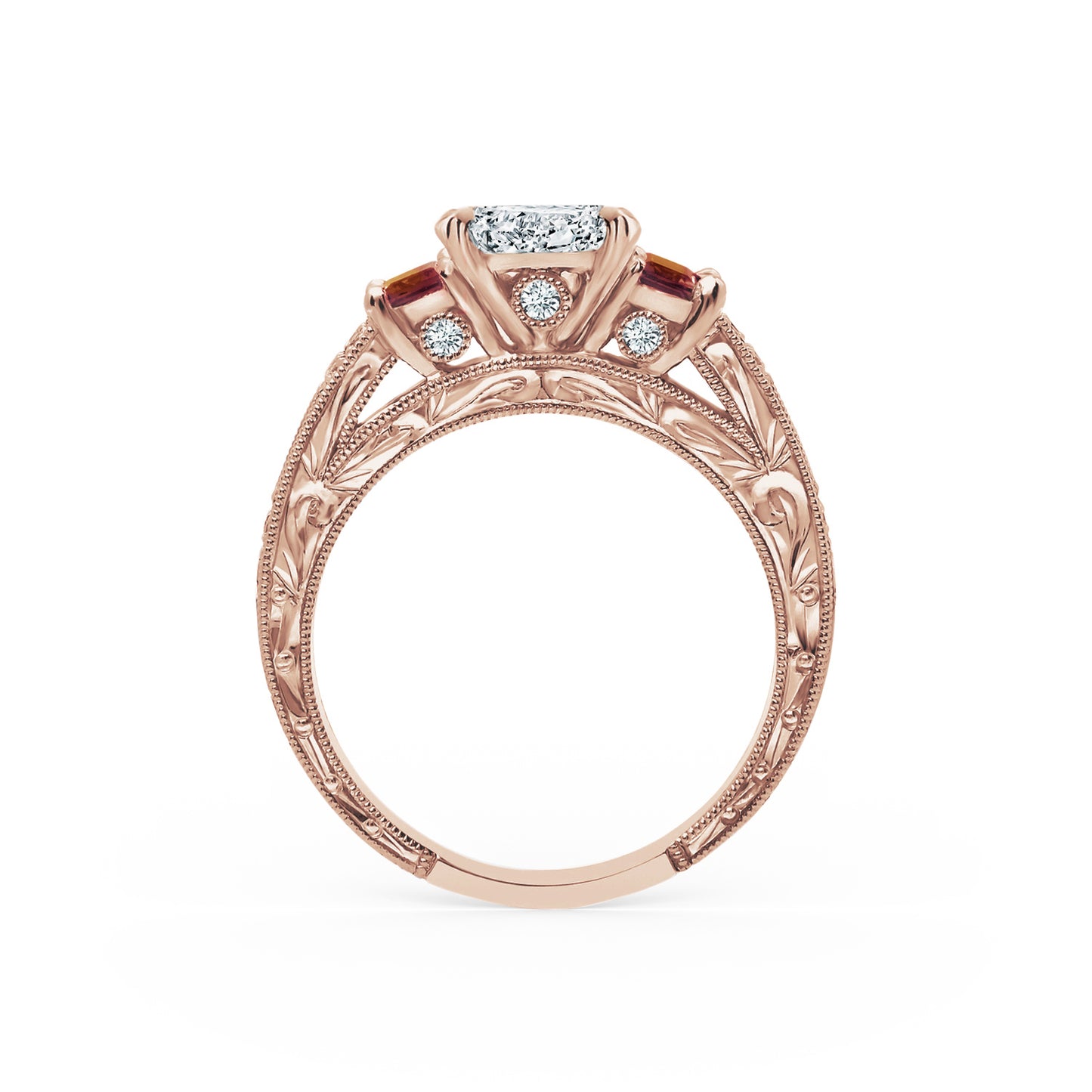 Deco Three Stone Engraved Ruby Baguette Diamond Engagement Ring