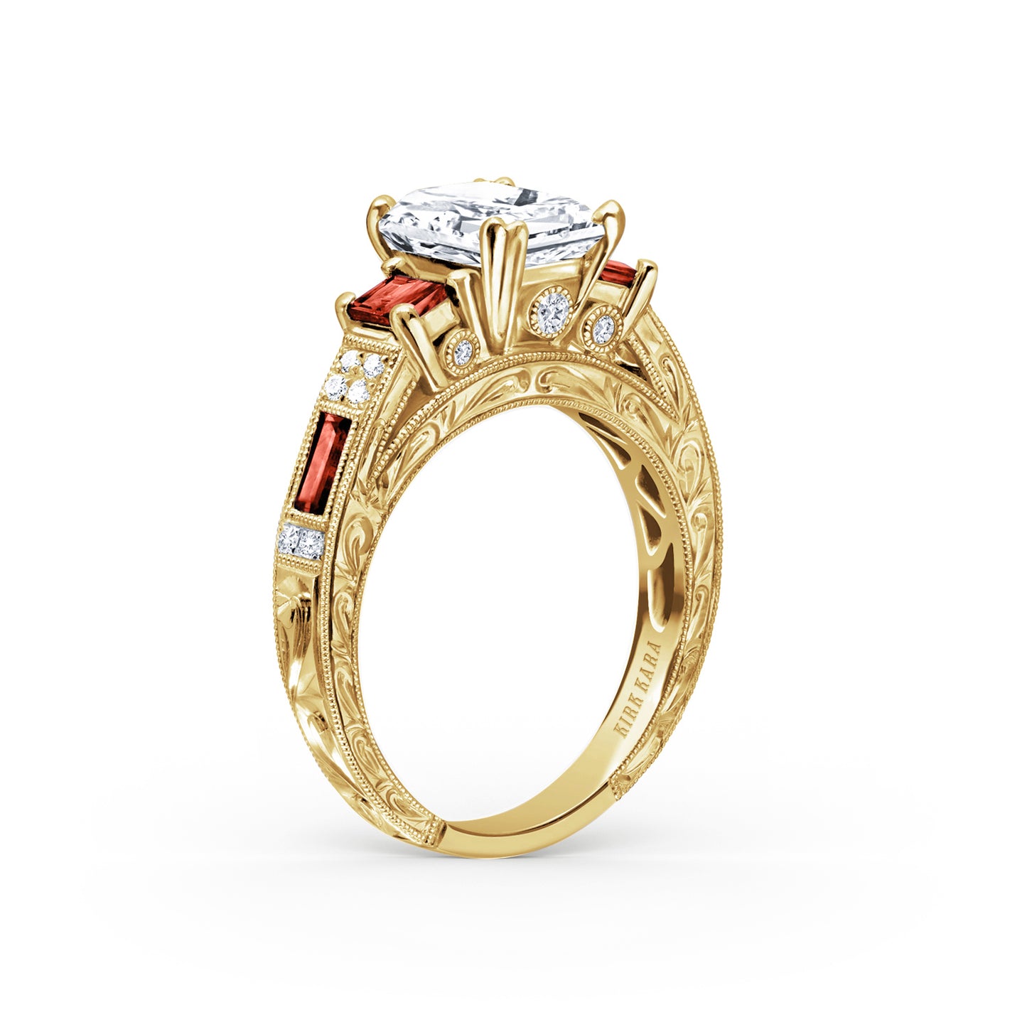 Deco Three Stone Engraved Ruby Baguette Diamond Engagement Ring