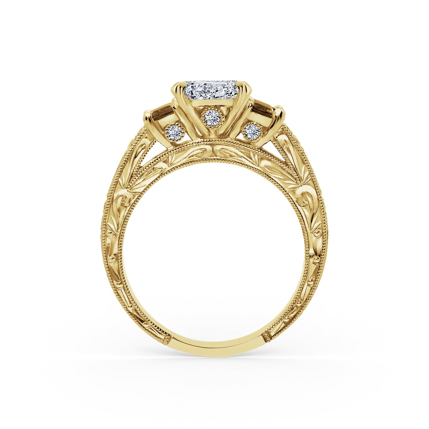 Deco Three Stone Engraved Ruby Baguette Diamond Engagement Ring