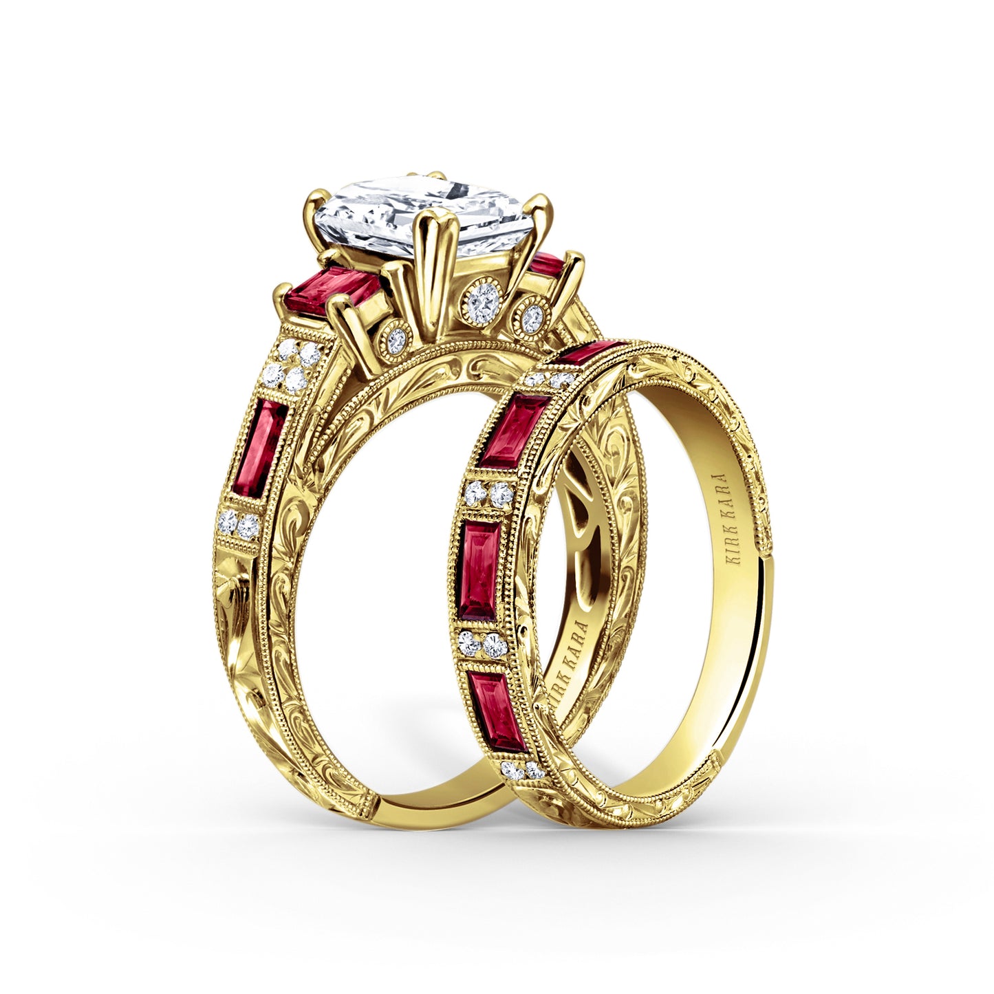 Deco Three Stone Engraved Ruby Baguette Diamond Engagement Ring