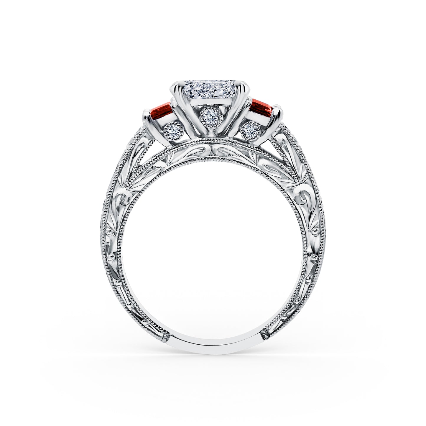 Deco Three Stone Engraved Ruby Baguette Diamond Engagement Ring