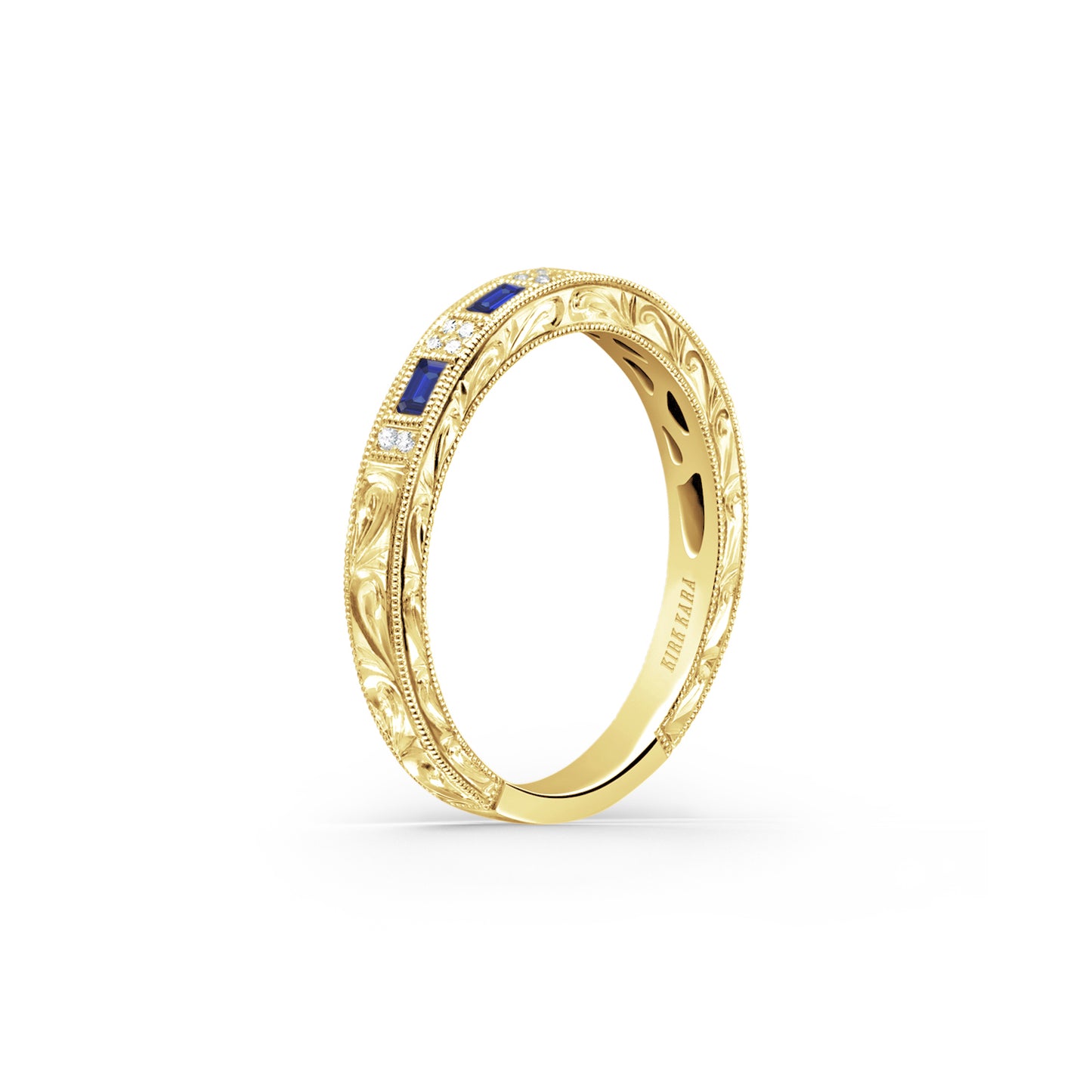Baguette Blue Sapphire Diamond Scroll Engraved Wedding Band