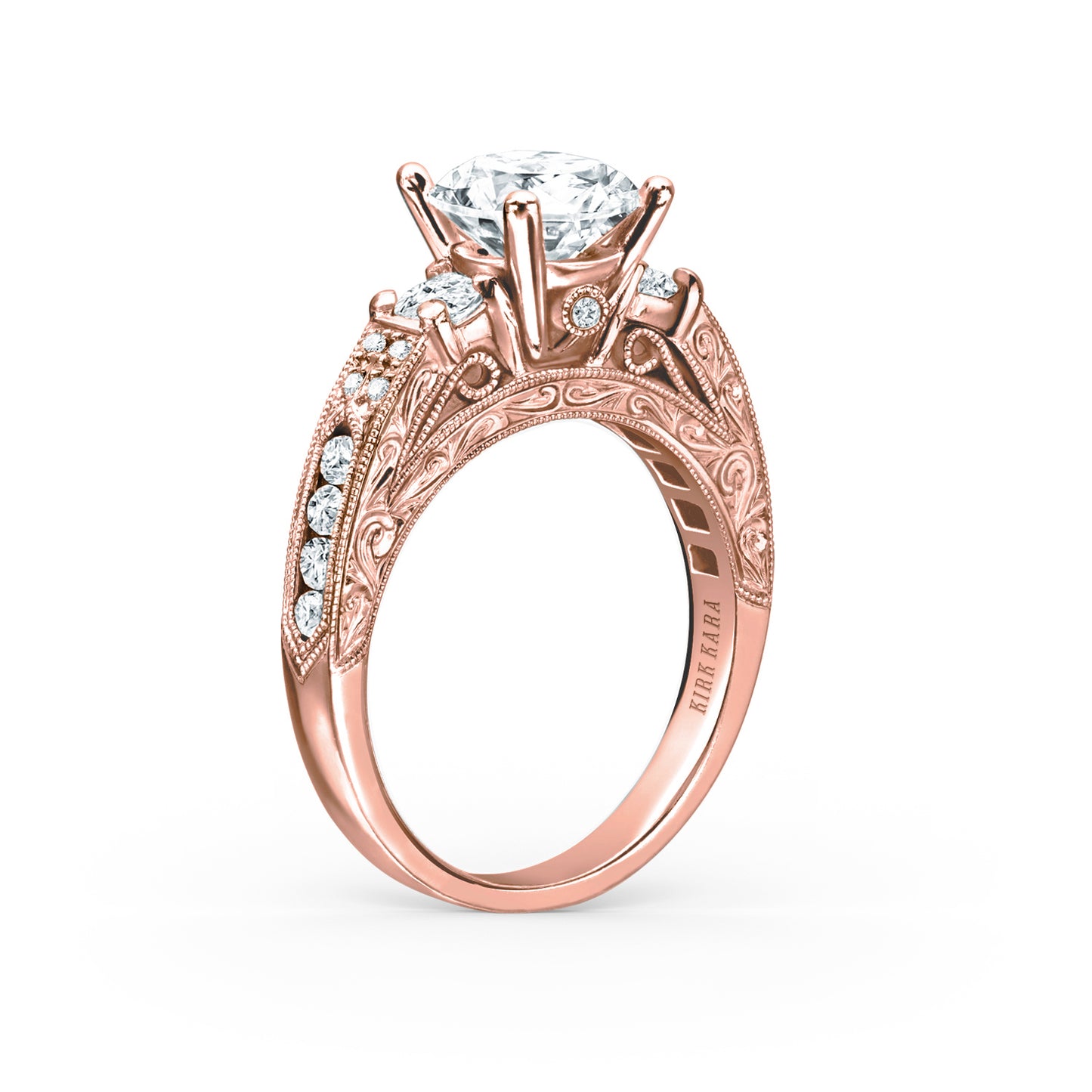 Engraved Deco Diamond Three Stone Engagement Ring