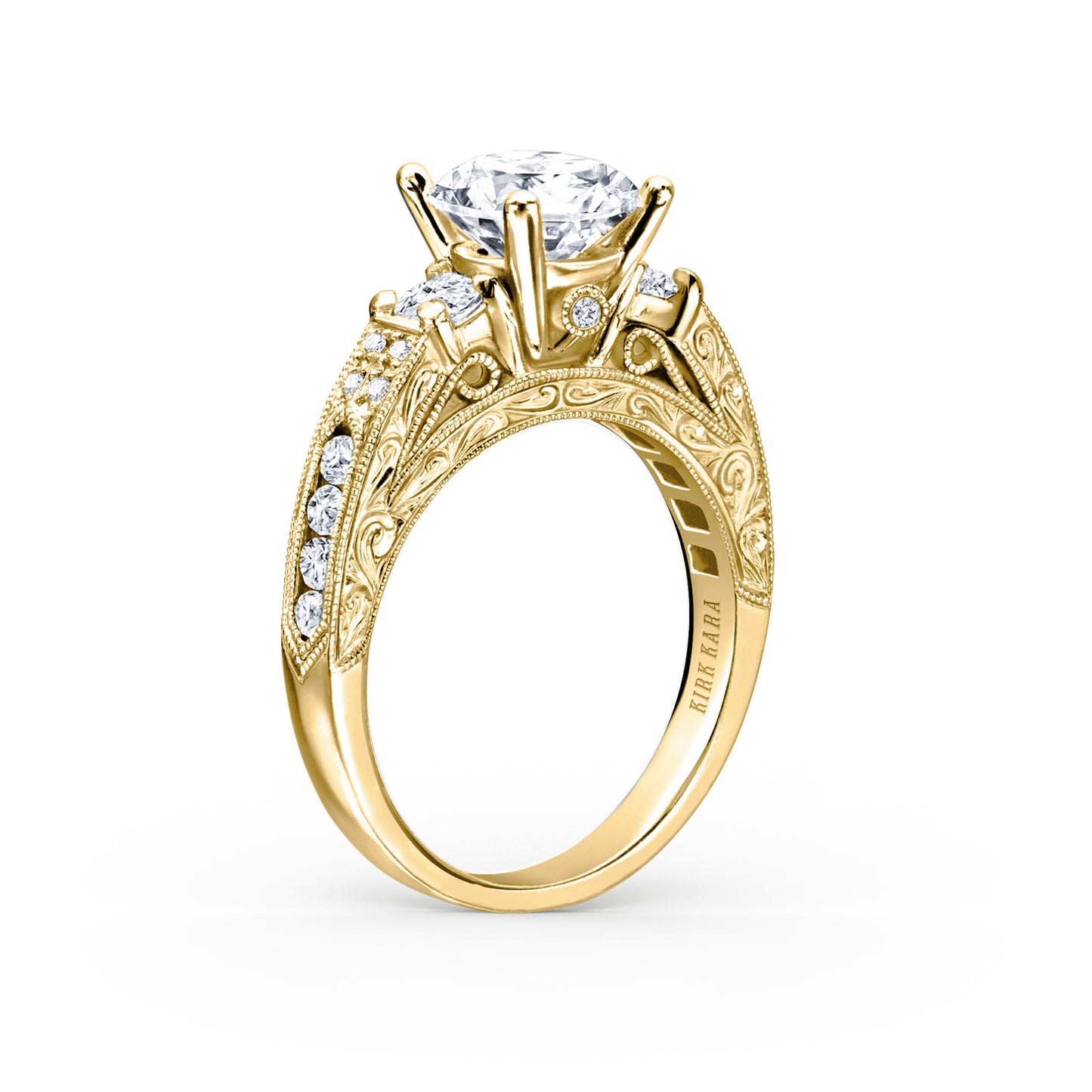 Engraved Deco Diamond Three Stone Engagement Ring
