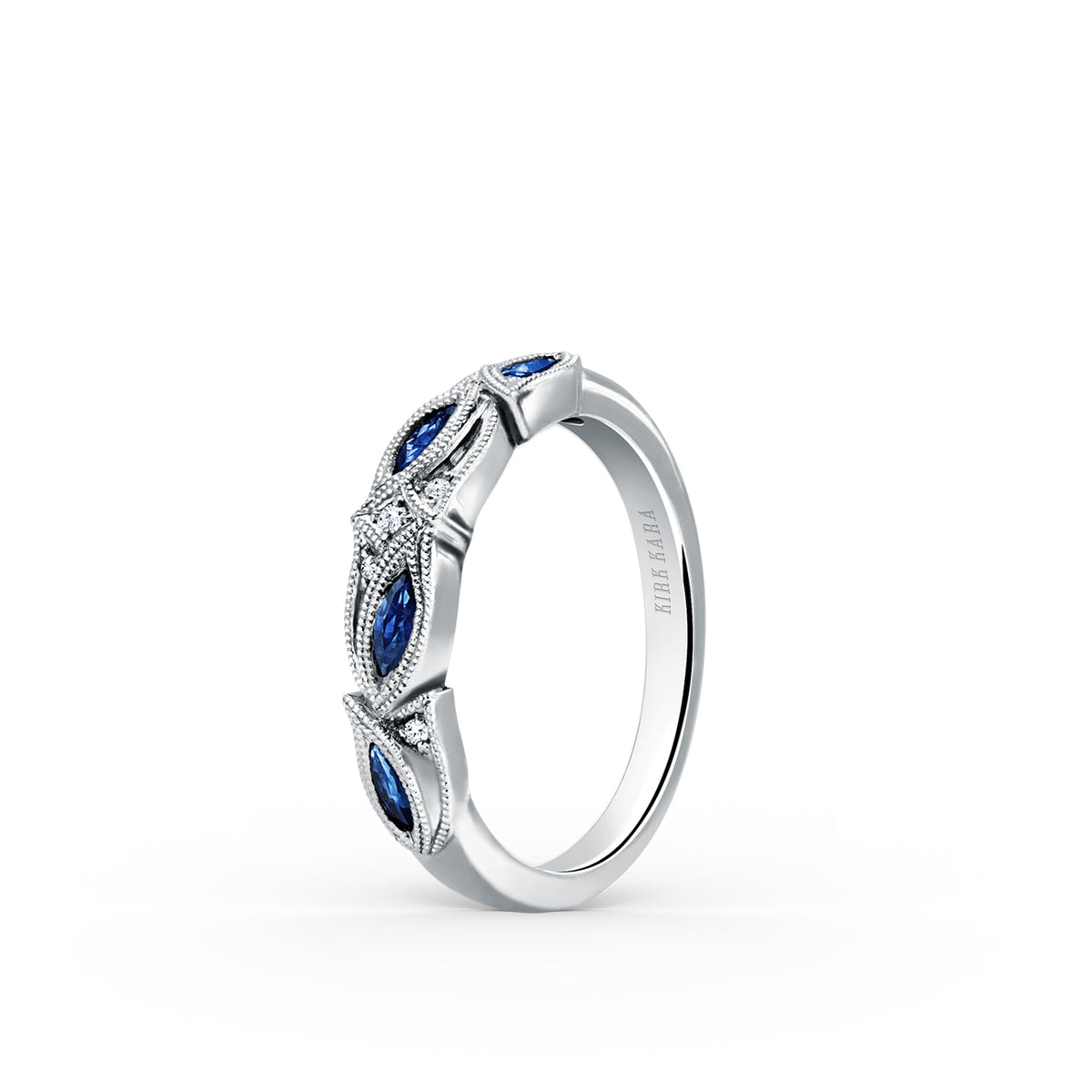 White Botanical Floral Blue Sapphire Marquise Diamond Wedding Band
