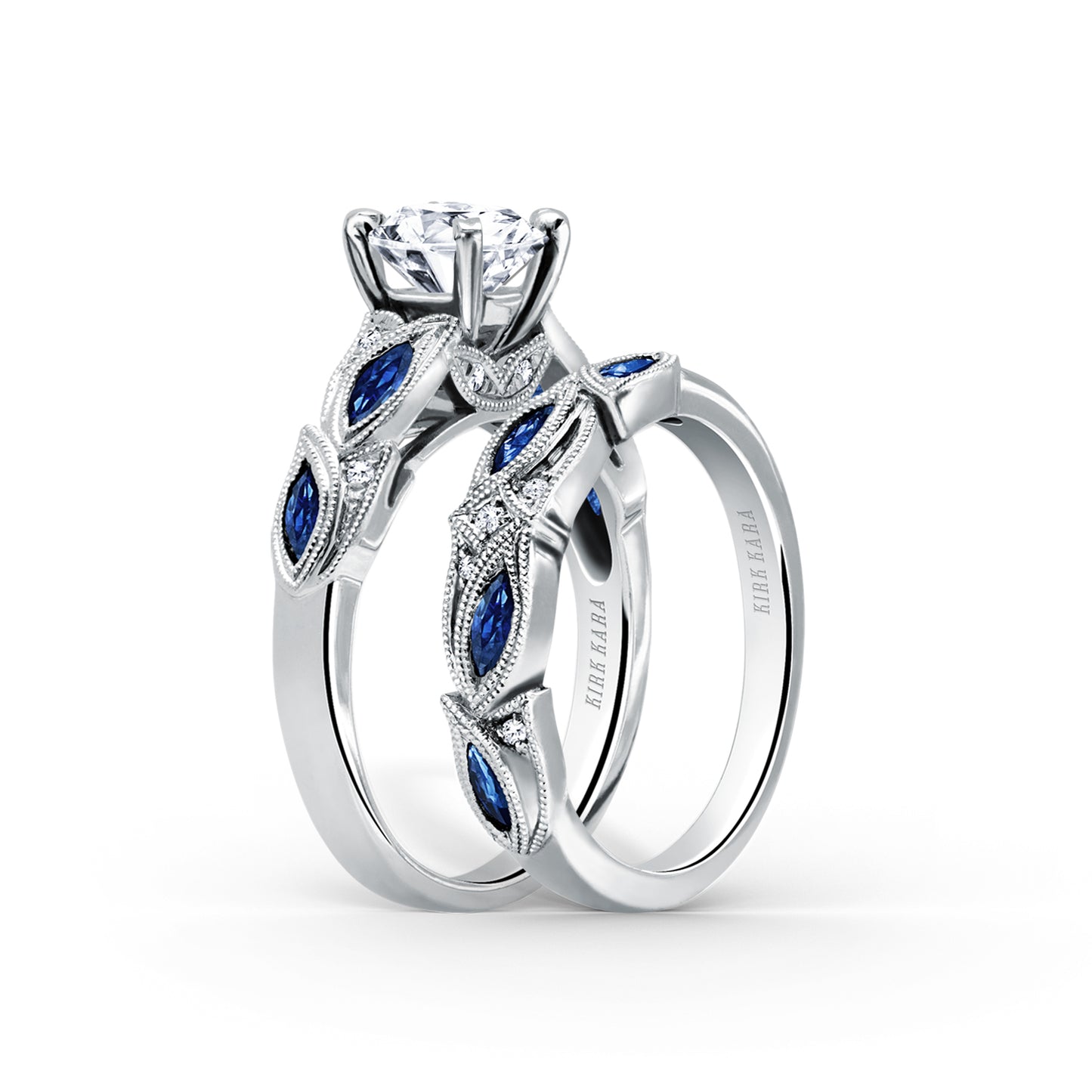Botanical Floral Blue Sapphire Marquise Diamond Engagement Ring
