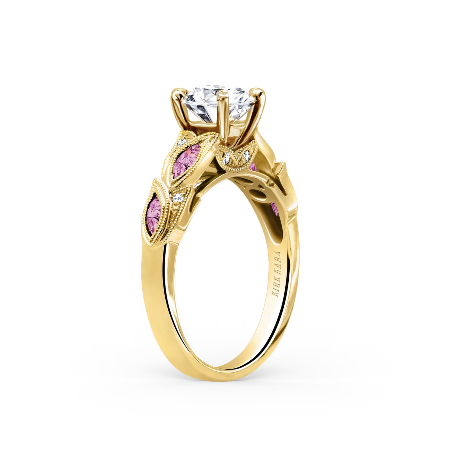 Botanical Floral Pink Sapphire Marquise Diamond Engagement Ring