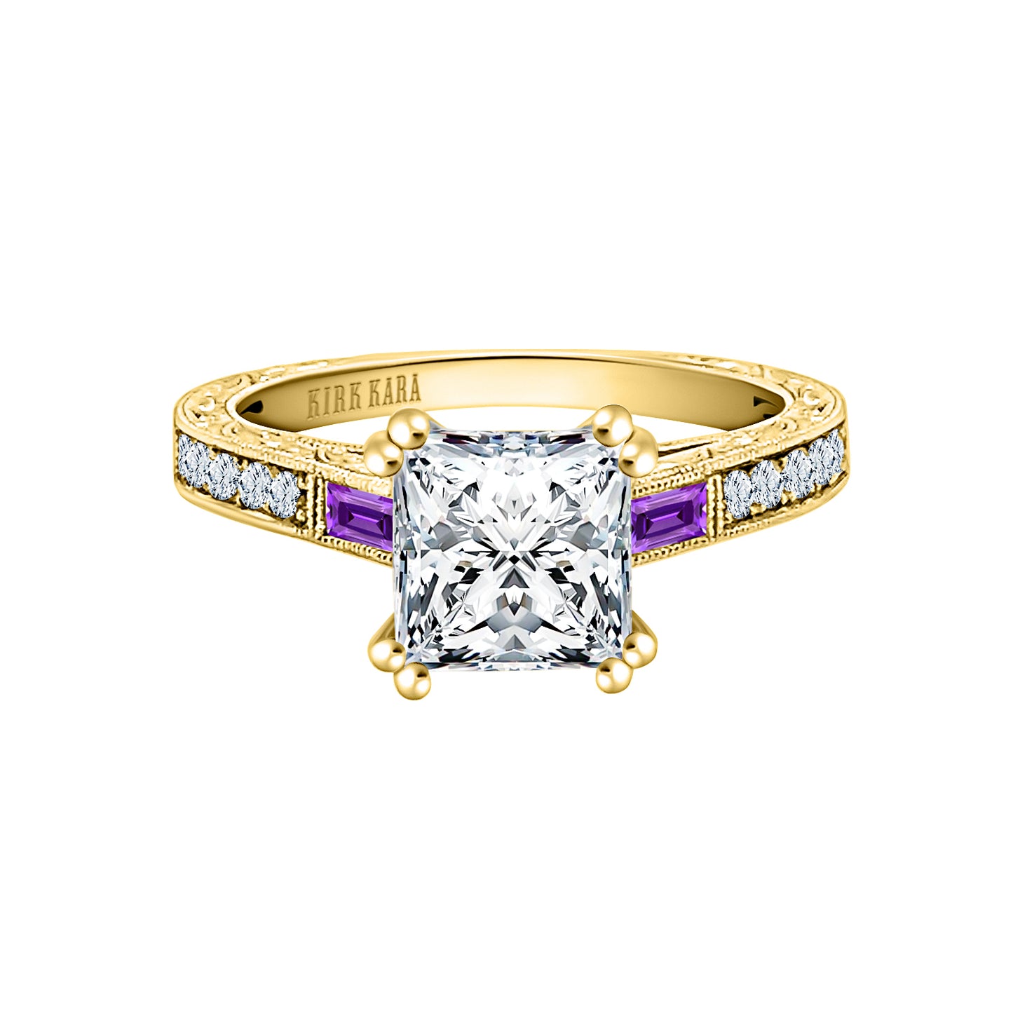 Baguette Engraved Amethyst Diamond Engagement Ring