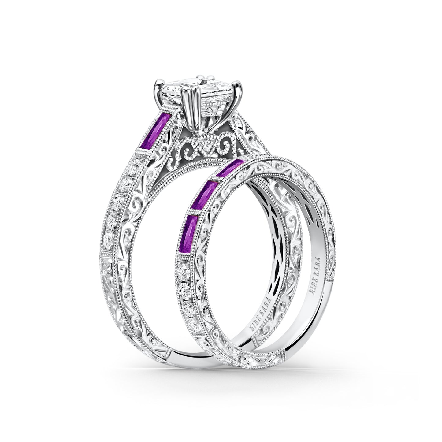 Baguette Engraved Amethyst Diamond Engagement Ring