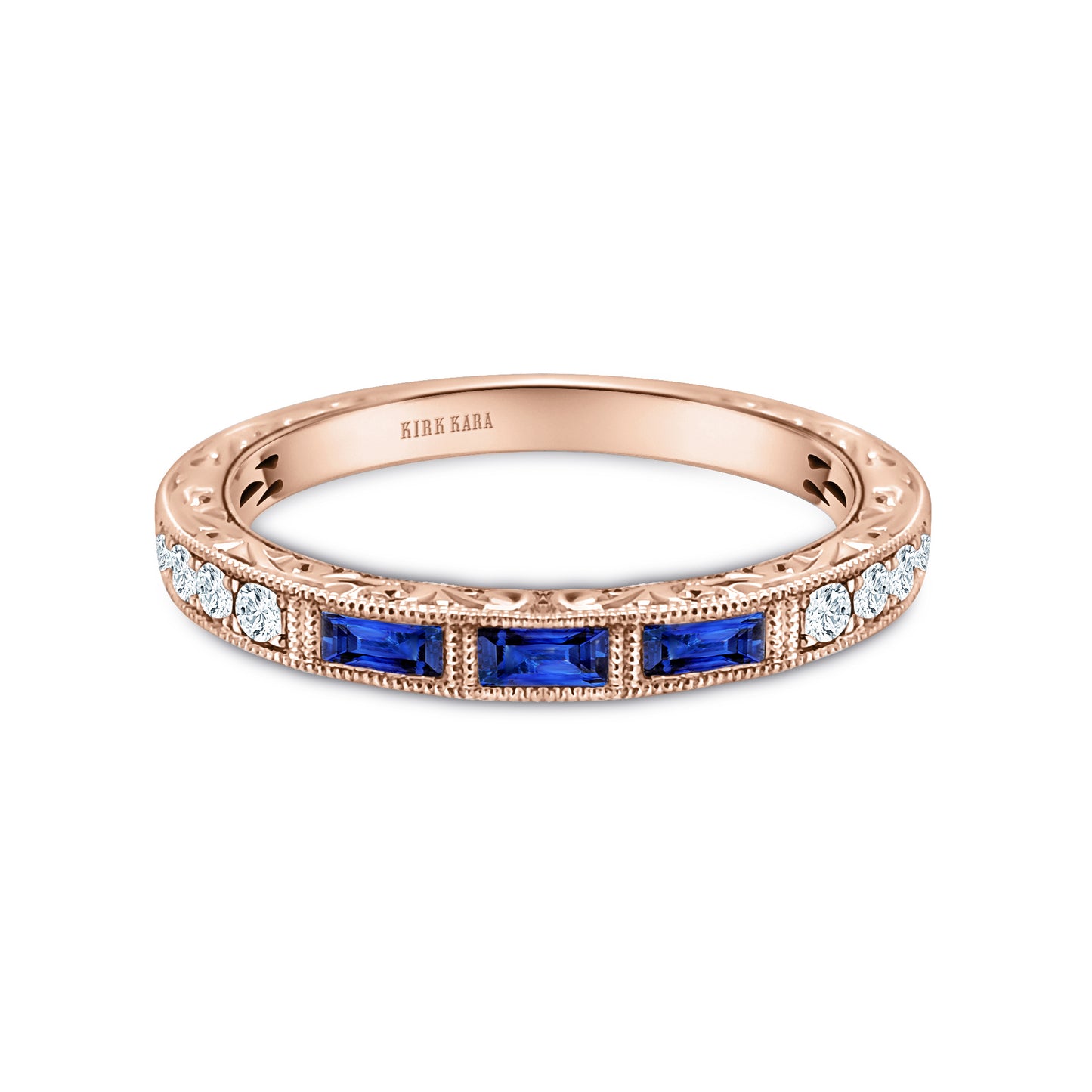 Baguette Engraved Blue Sapphire Diamond Wedding Band