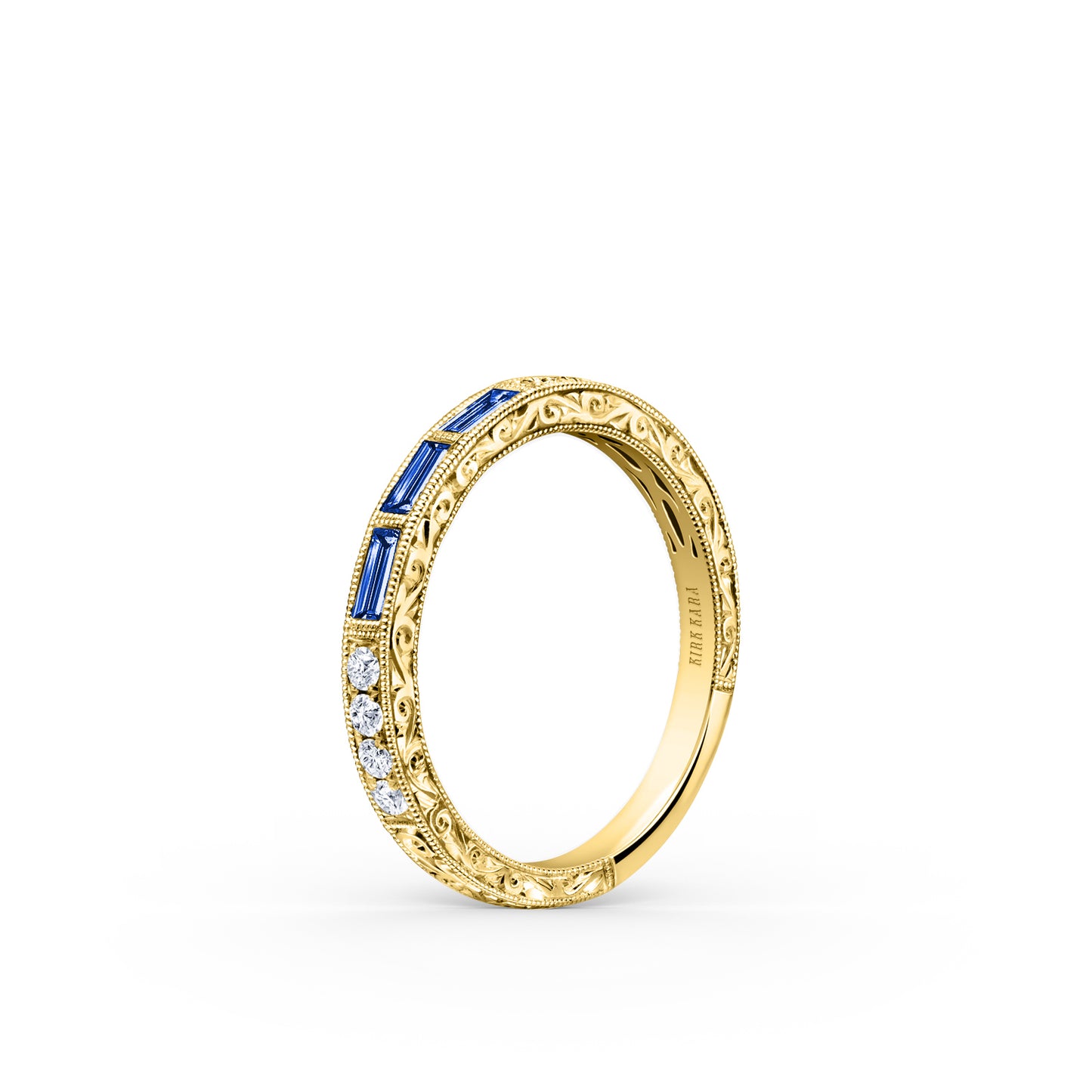 Baguette Engraved Blue Sapphire Diamond Wedding Band