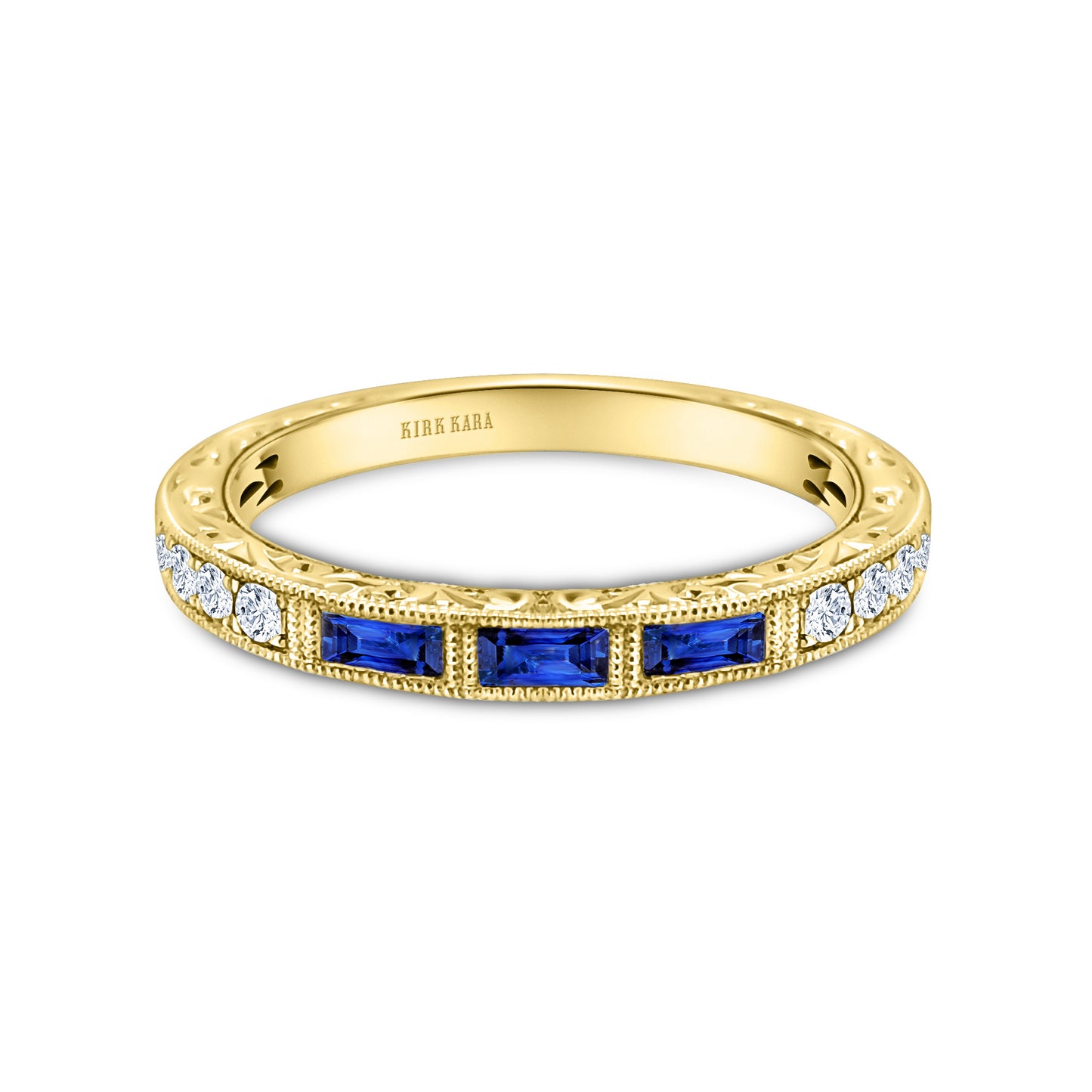 Baguette Engraved Blue Sapphire Diamond Wedding Band