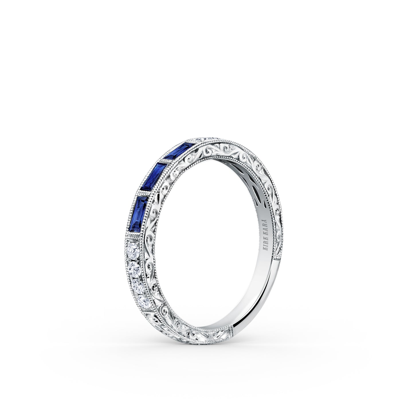 Baguette Engraved Blue Sapphire Diamond Wedding Band
