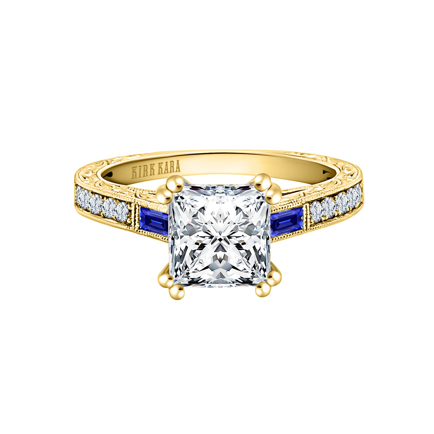 Baguette Engraved Blue Sapphire Diamond Engagement Ring