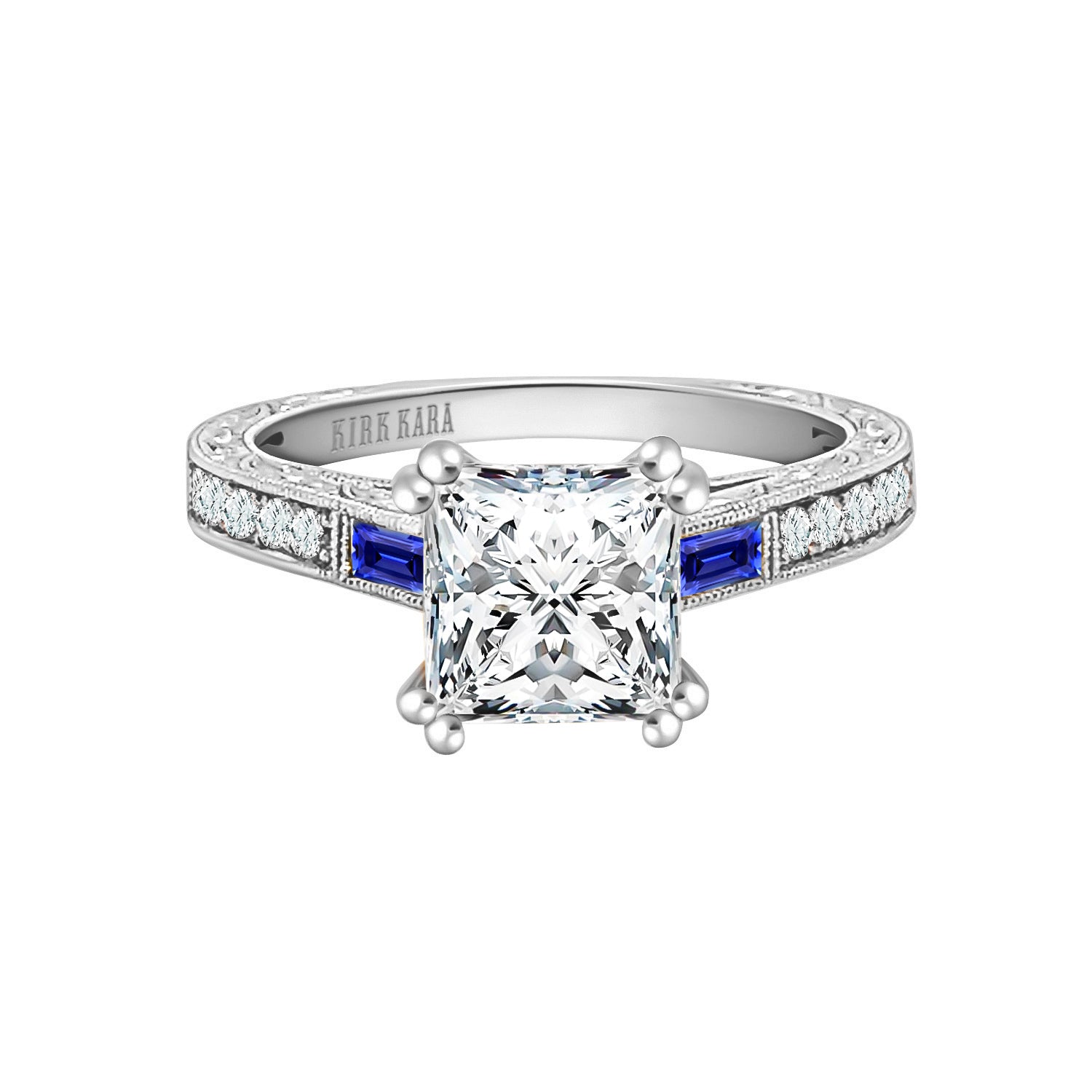 Baguette Engraved Blue Sapphire Diamond Engagement Ring