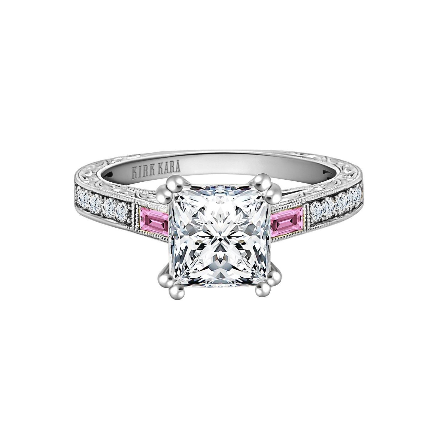 Baguette Engraved Pink Sapphire Diamond Engagement Ring