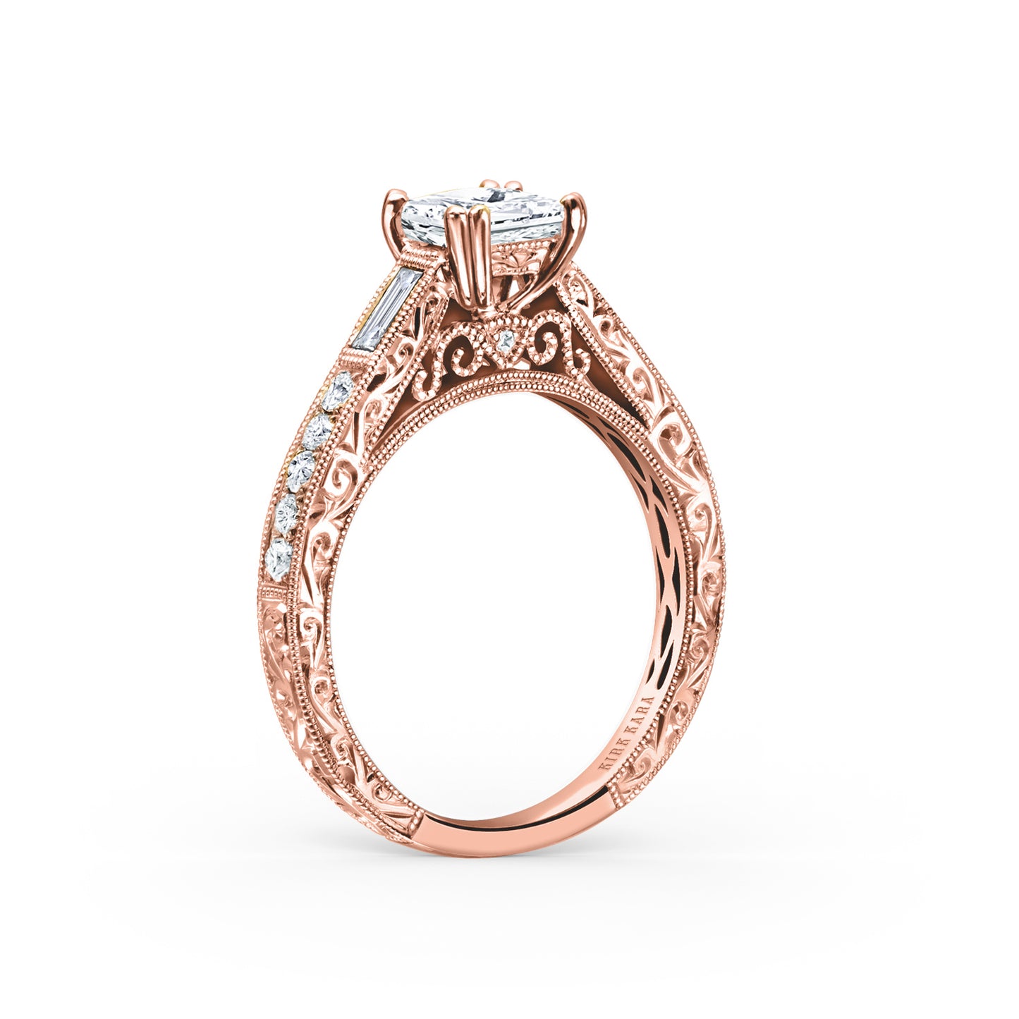 Baguette Engraved Diamond Engagement Ring